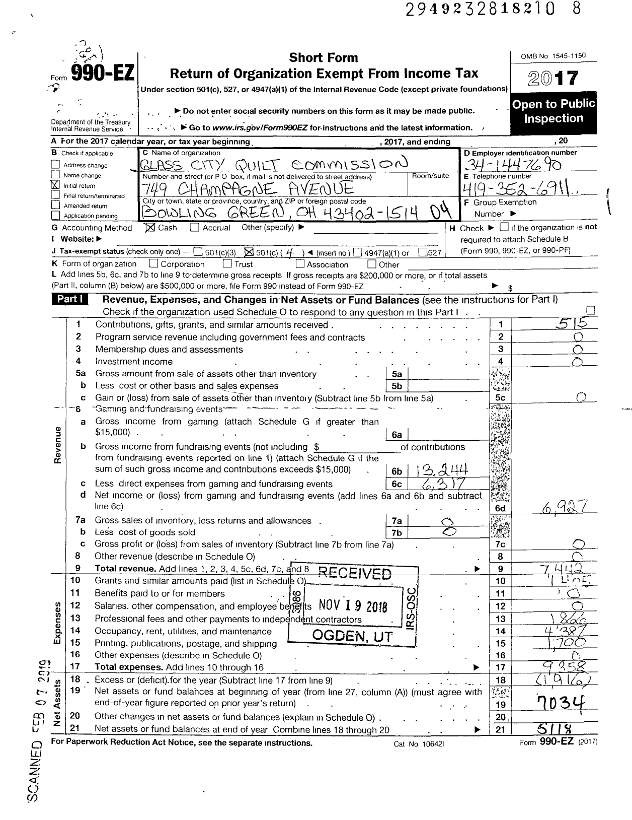 Image of first page of 2017 Form 990EO for Glass City Quilt Commission