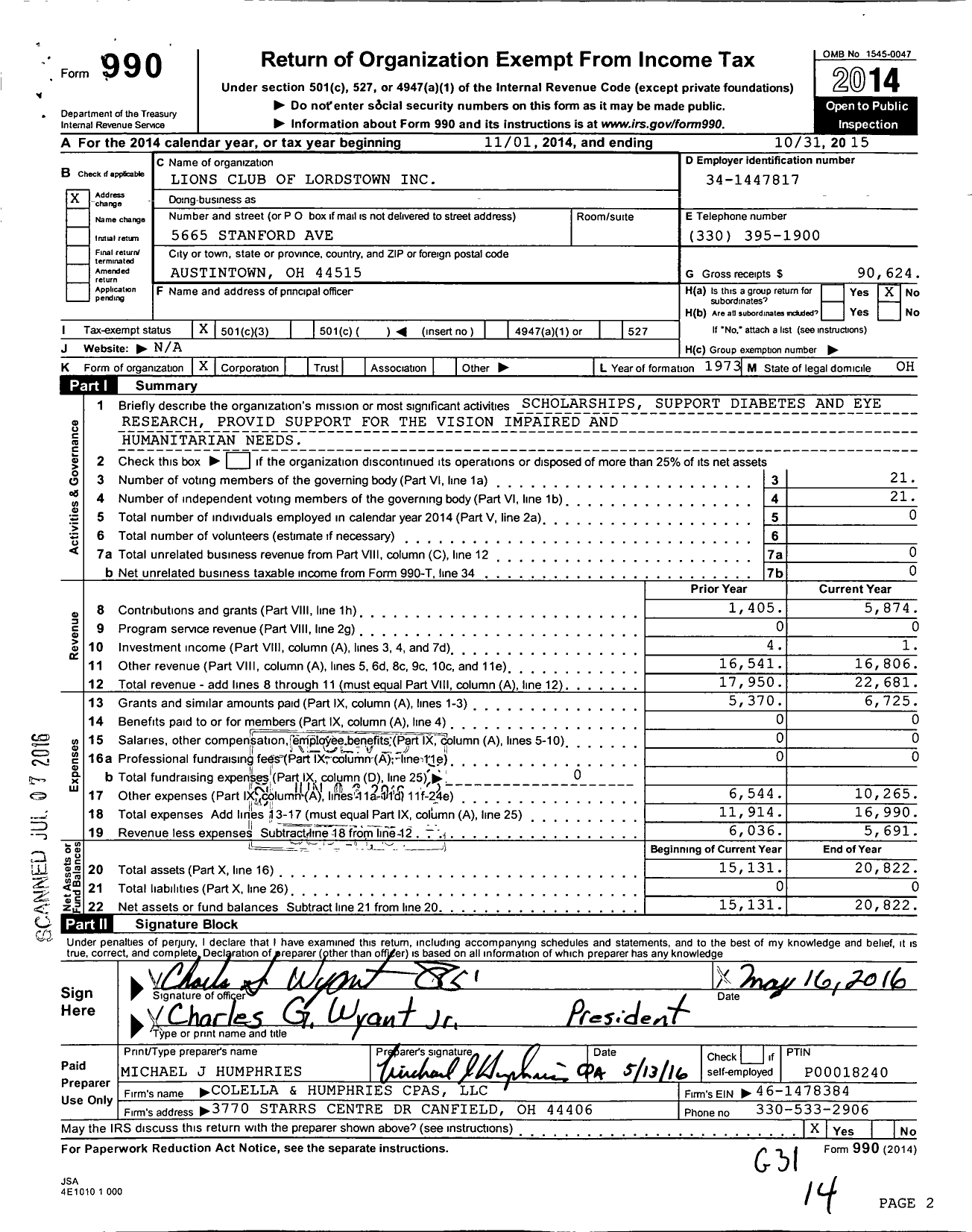 Image of first page of 2014 Form 990 for International Association of Lions Club / 5332 Lordstown