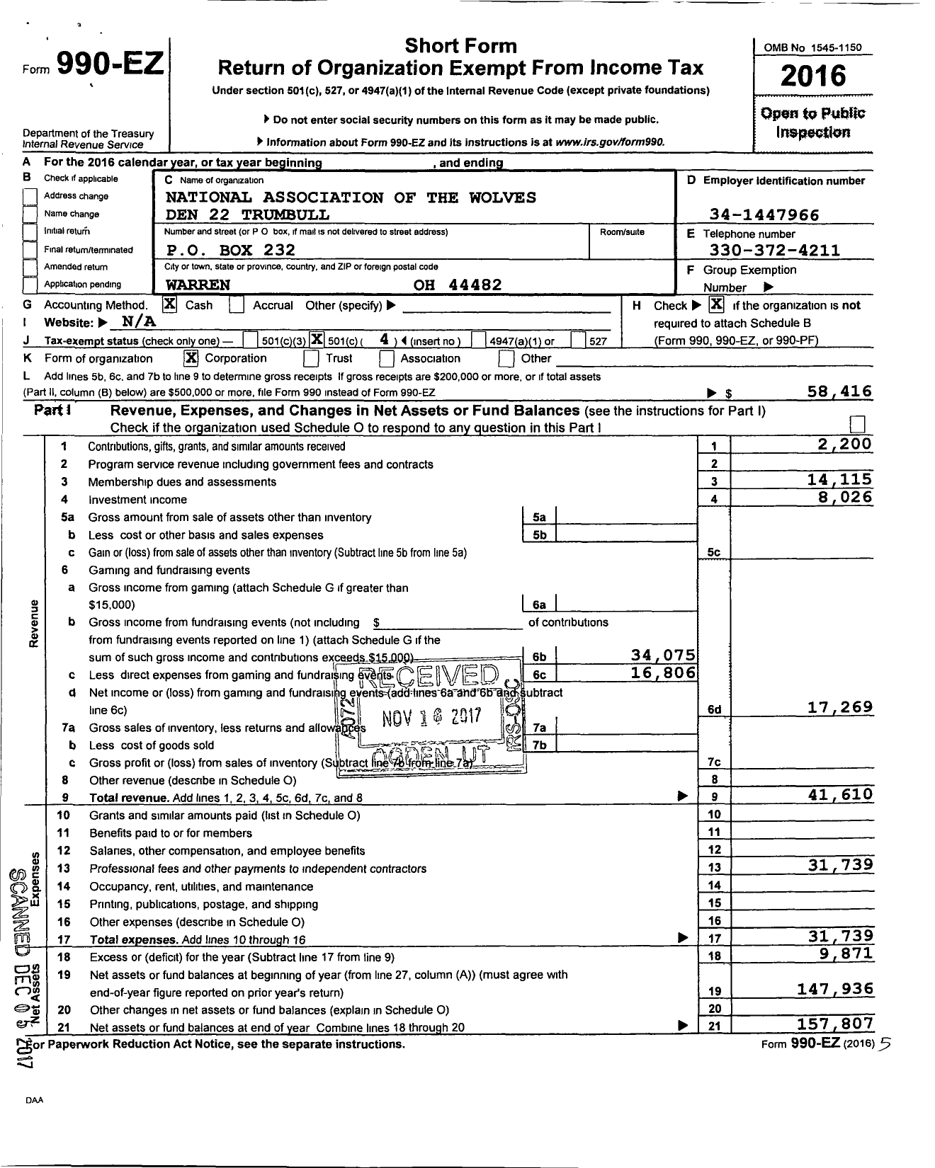 Image of first page of 2016 Form 990EO for National Association of the Wolves - 22 Den Wolves Club of Trumbull