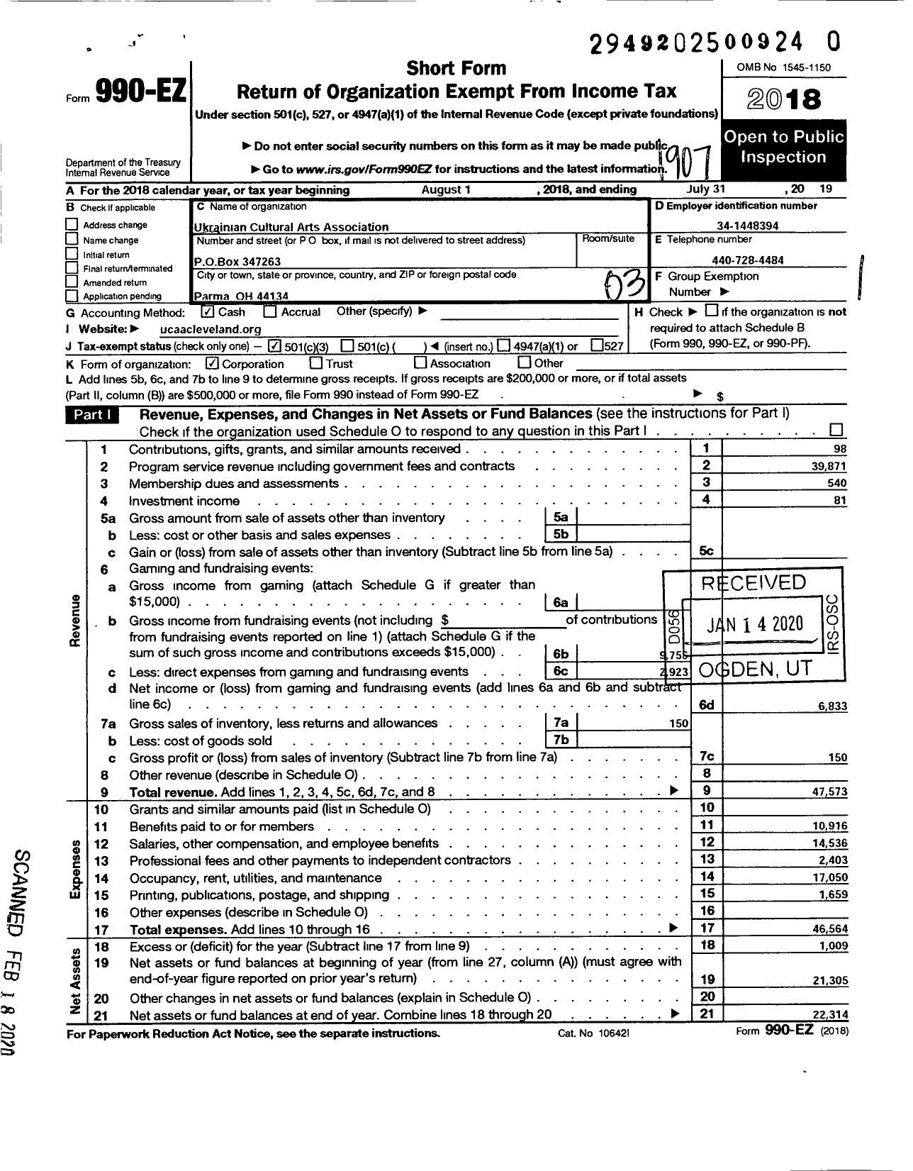 Image of first page of 2018 Form 990EZ for Ukrainian Cultural Arts Association of Greater Cleveland