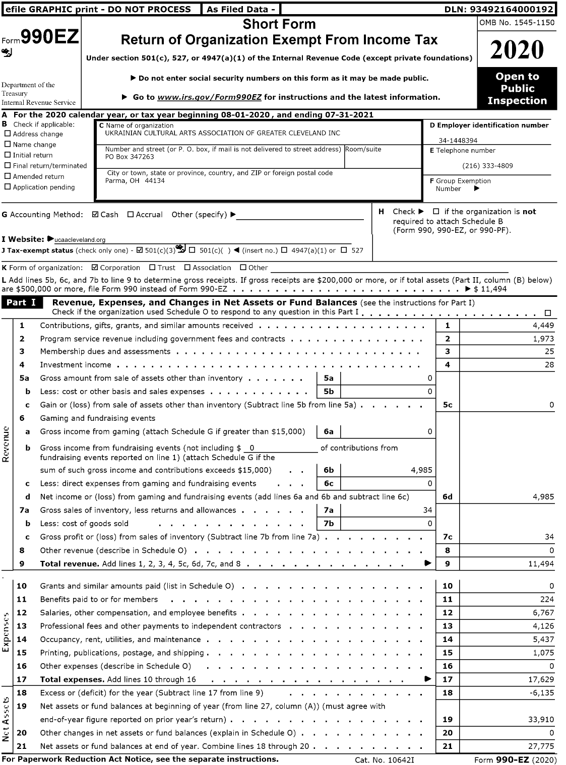 Image of first page of 2020 Form 990EZ for Ukrainian Cultural Arts Association of Greater Cleveland