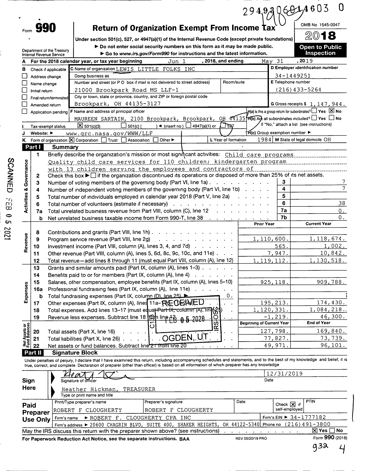 Image of first page of 2018 Form 990 for Lewis Little Folks