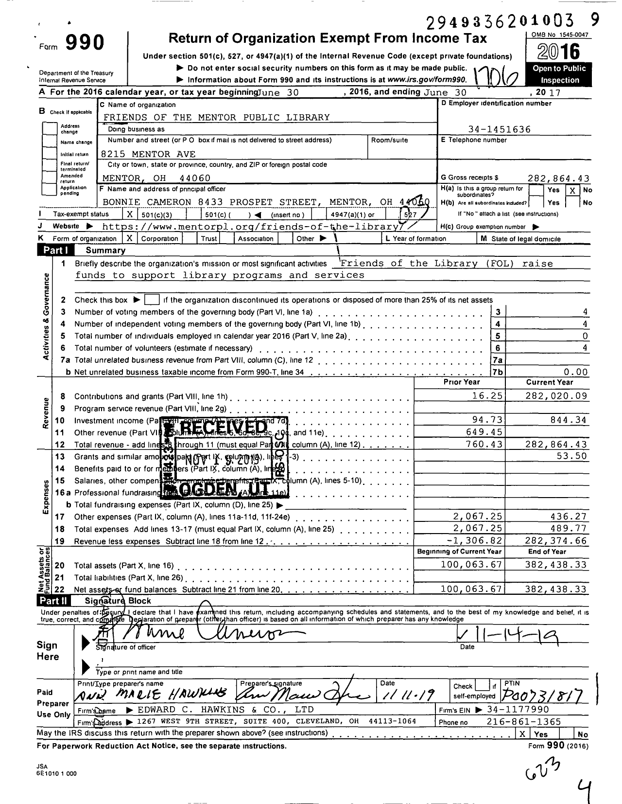 Image of first page of 2016 Form 990 for Friends of the Mentor Public Library