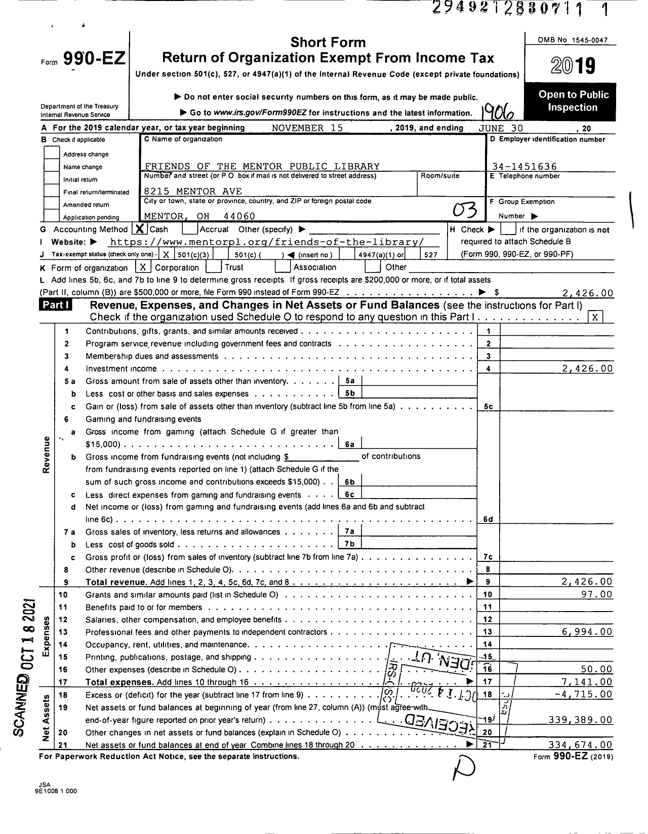 Image of first page of 2018 Form 990EZ for Friends of the Mentor Public Library