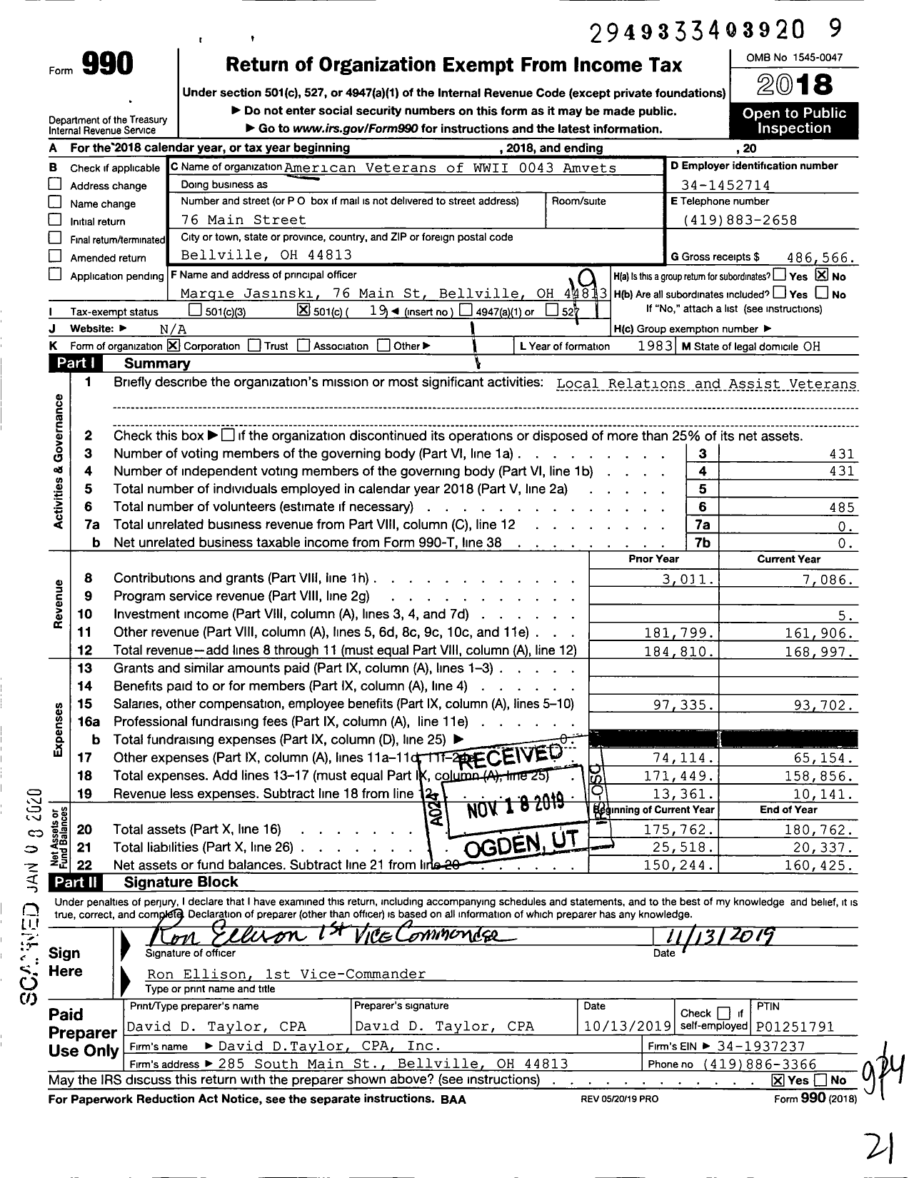 Image of first page of 2018 Form 990O for Amvets - 43