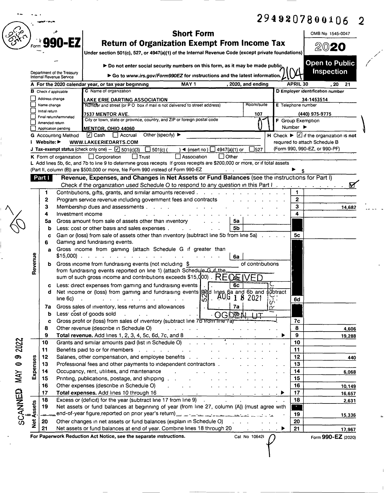 Image of first page of 2020 Form 990EO for Lake Erie Dart Association