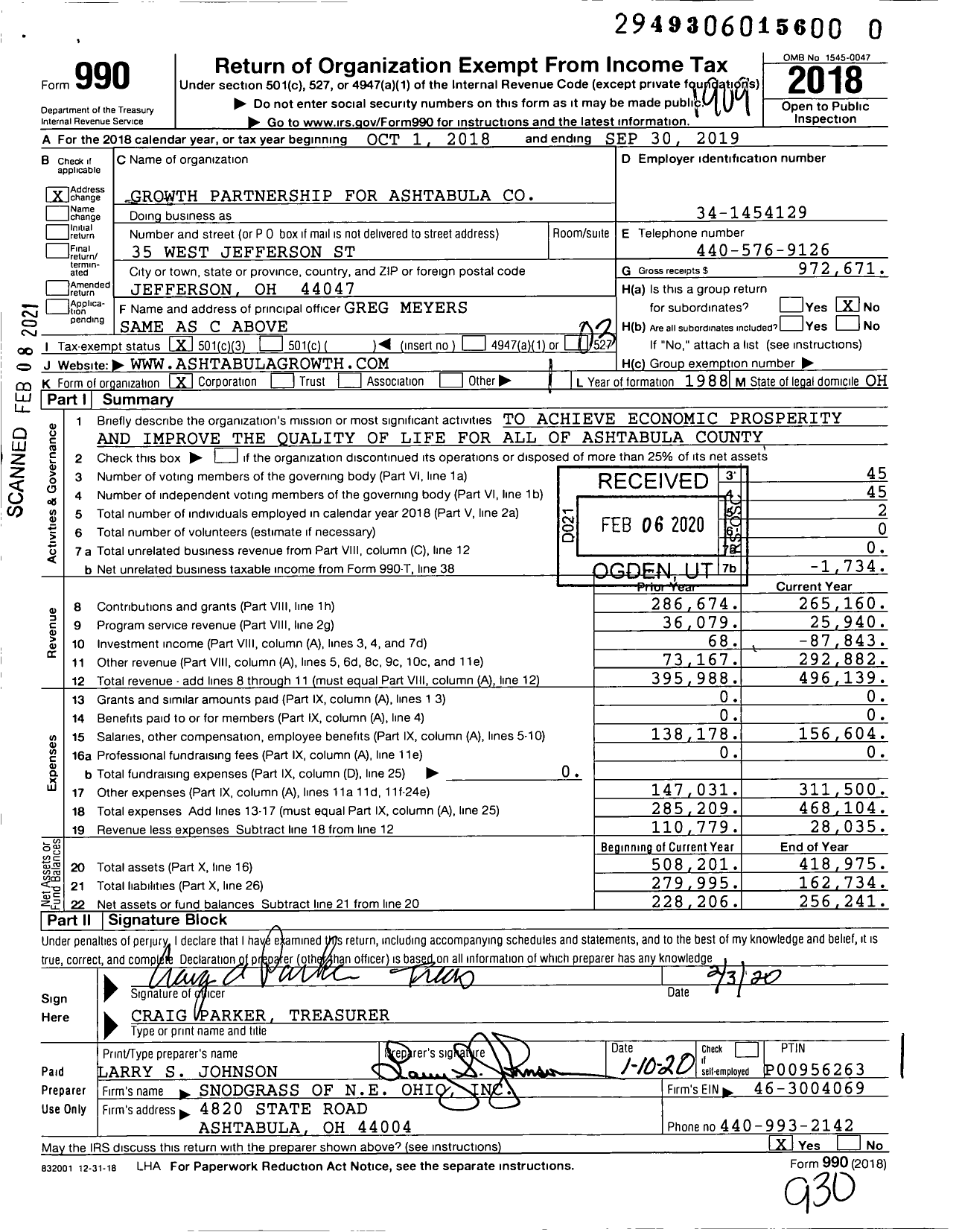 Image of first page of 2018 Form 990 for Growth Partnership for Ashtabula