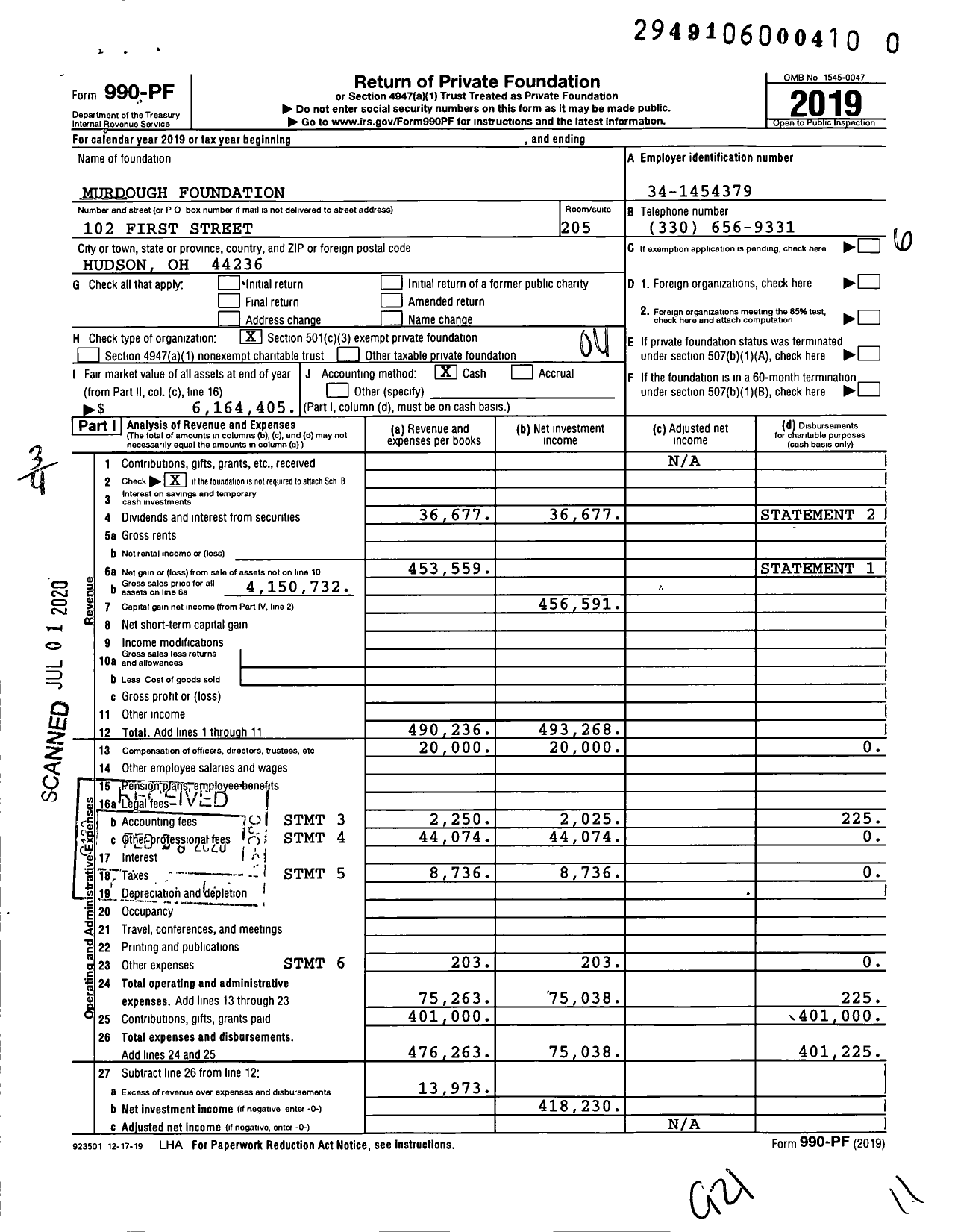 Image of first page of 2019 Form 990PR for Murdough Foundation