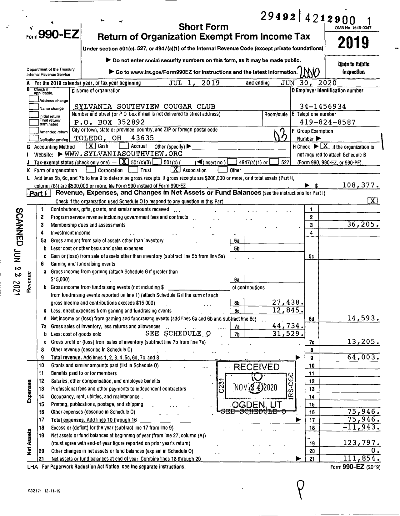 Image of first page of 2019 Form 990EZ for Sylvania Southview Cougar Club