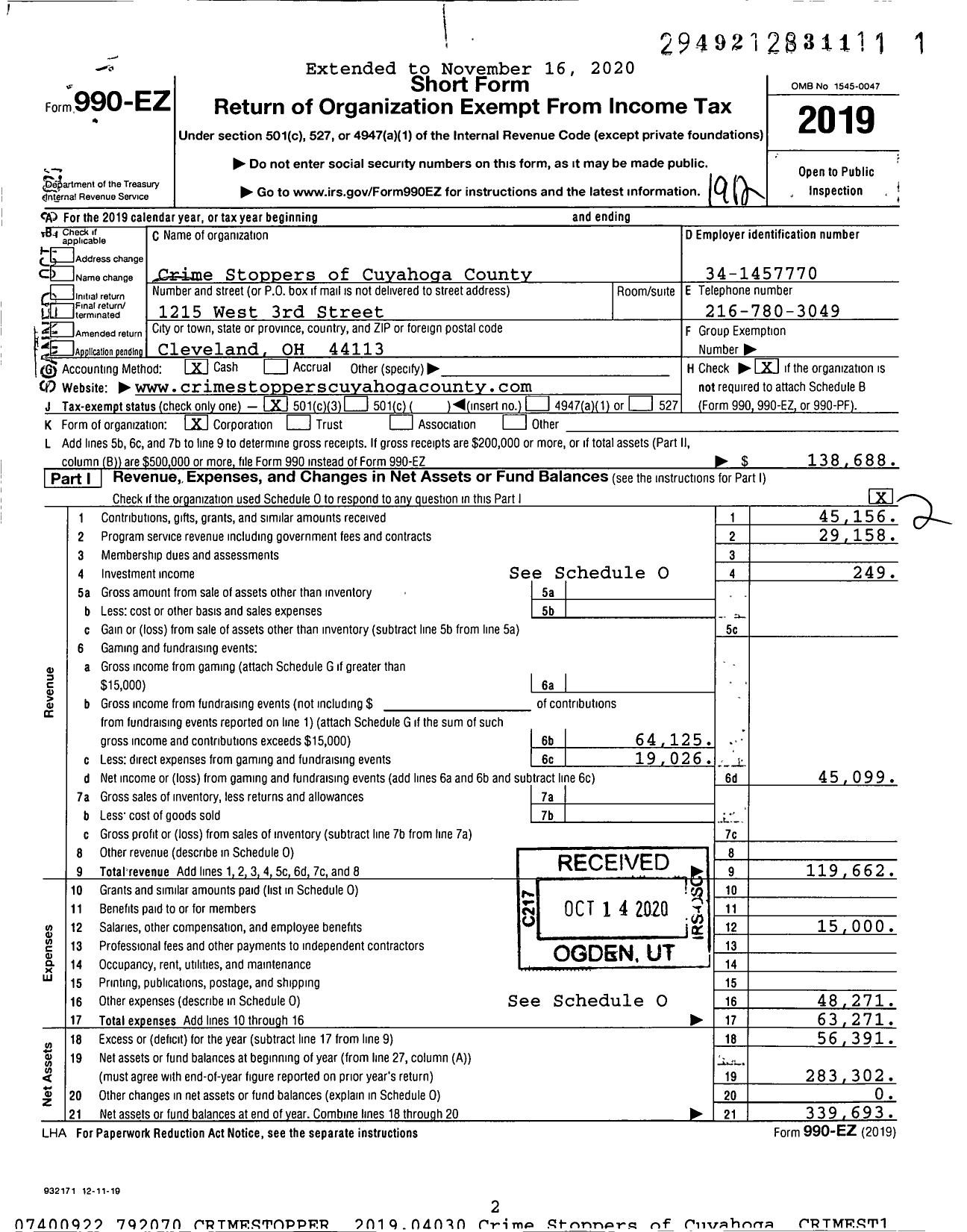 Image of first page of 2019 Form 990EZ for Crime Stoppers of Cuyahoga County