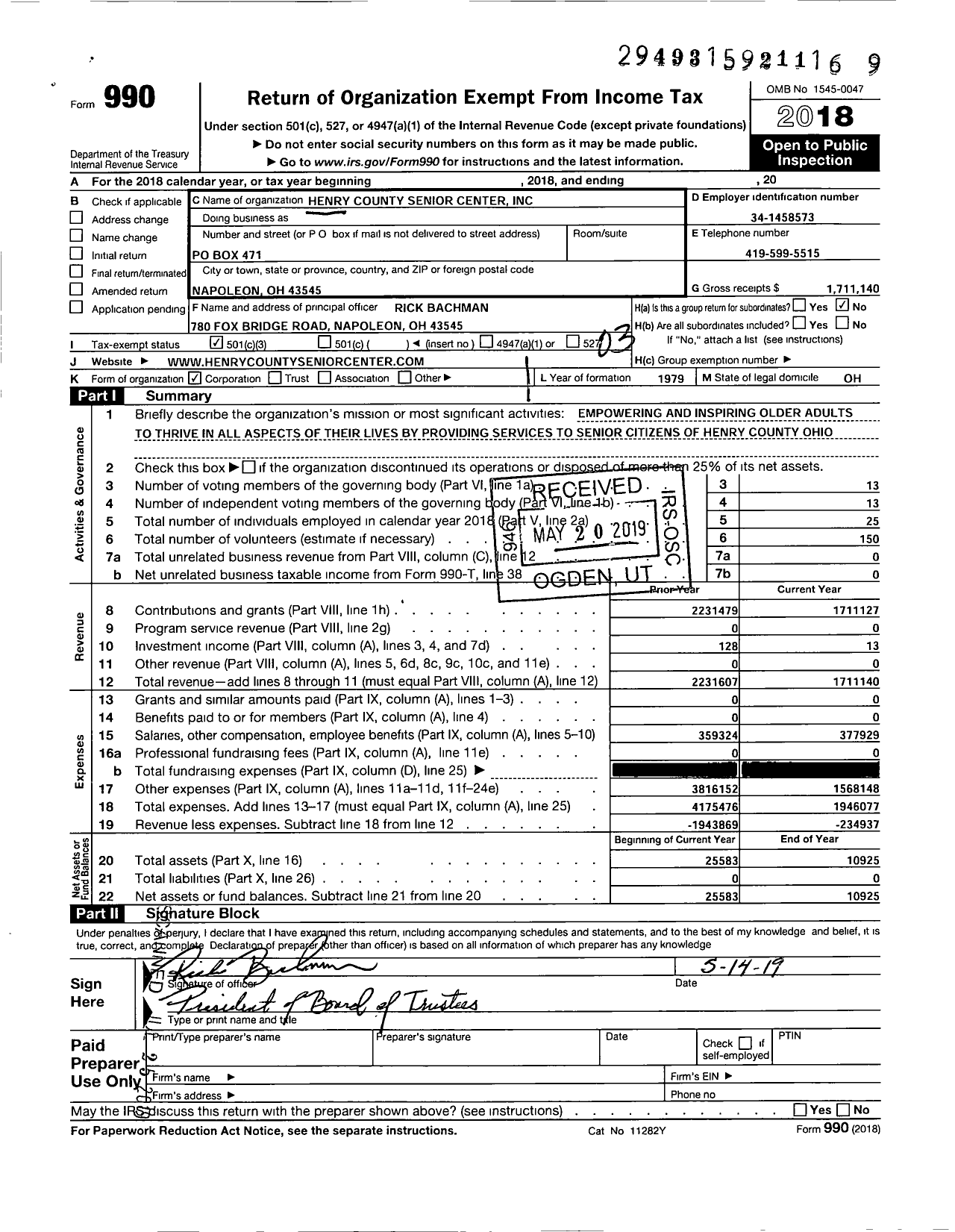 Image of first page of 2018 Form 990 for Henry County Senior Center