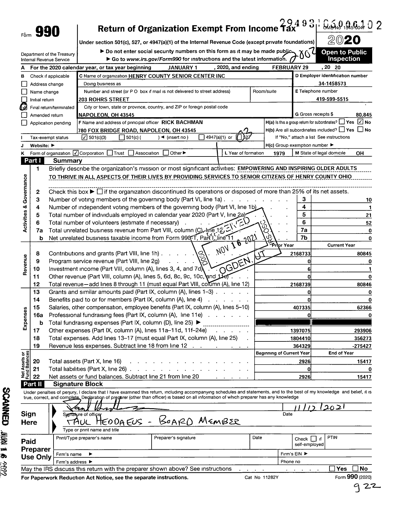 Image of first page of 2019 Form 990 for Henry County Senior Center