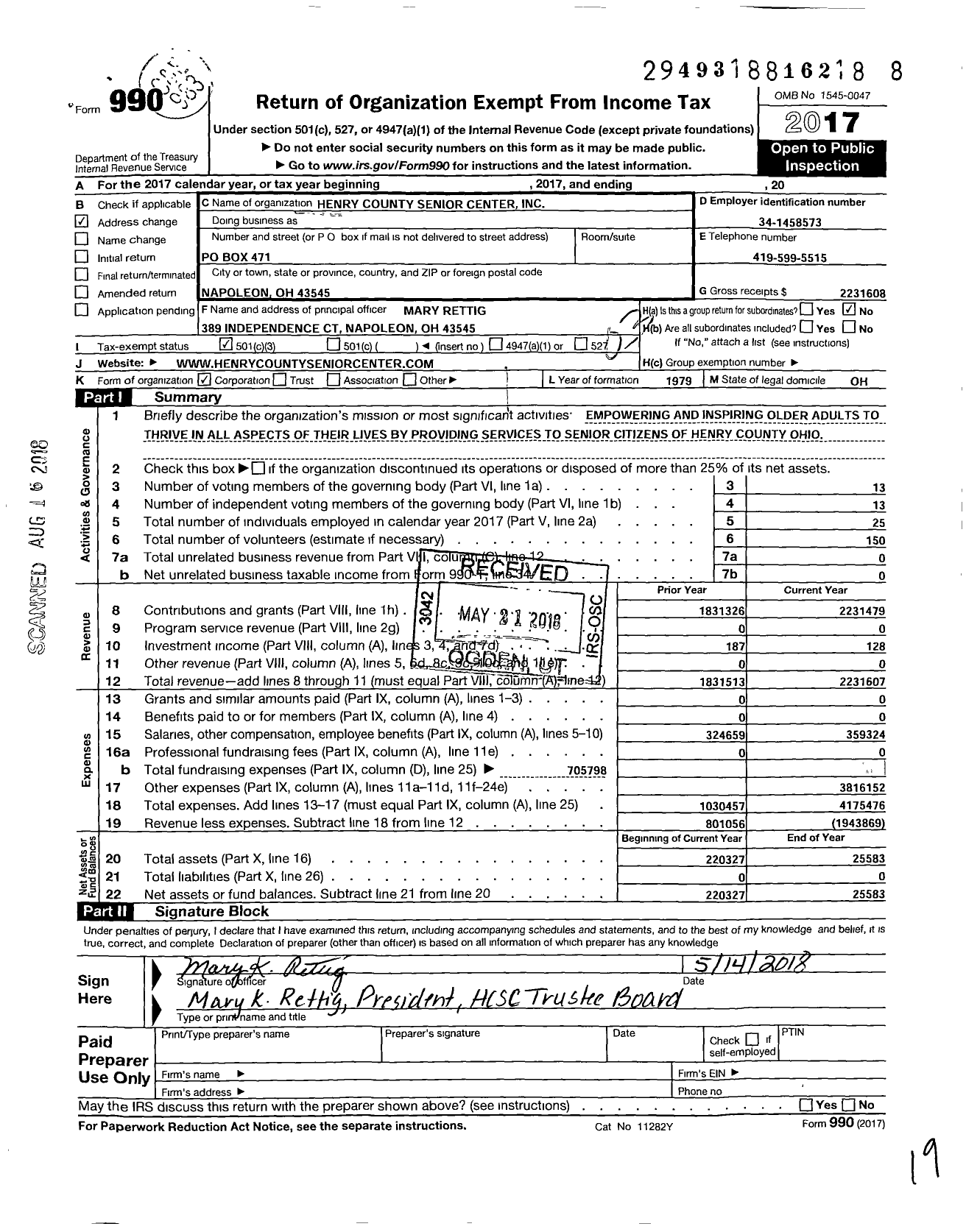 Image of first page of 2017 Form 990 for Henry County Senior Center