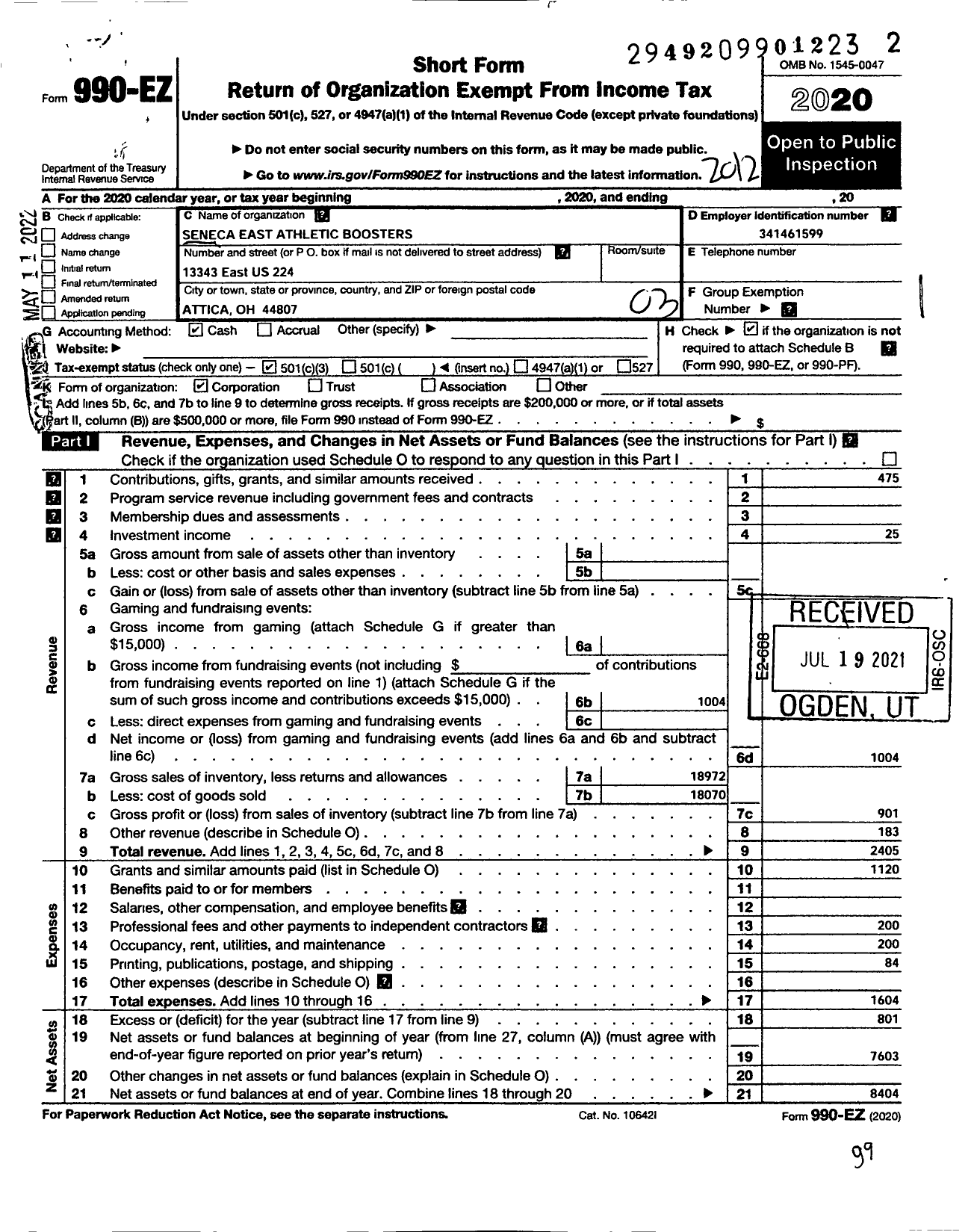 Image of first page of 2020 Form 990EZ for Seneca East Athletic Boosters