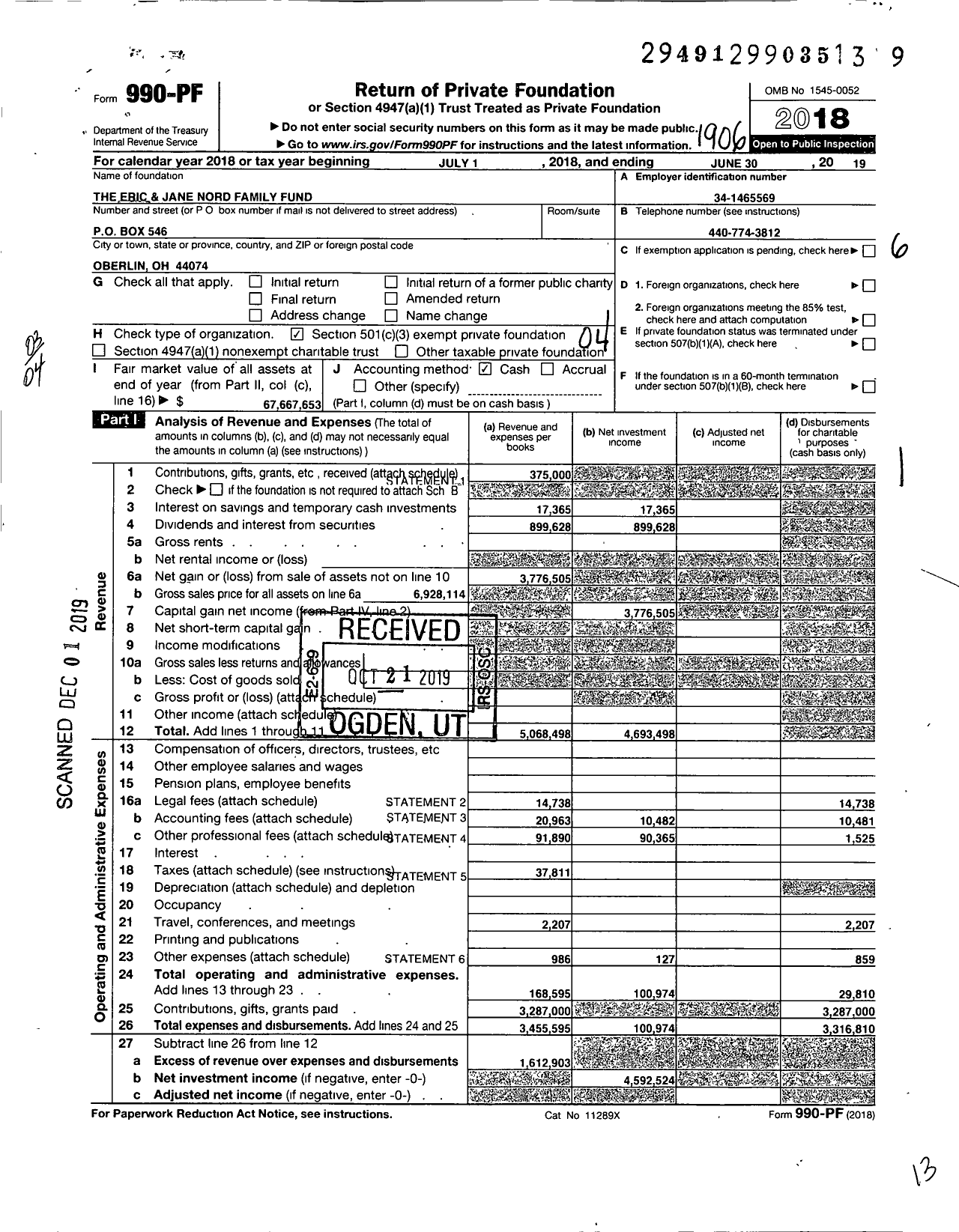 Image of first page of 2018 Form 990PF for The Eric and Jane Nord Foundation 4269-00-43