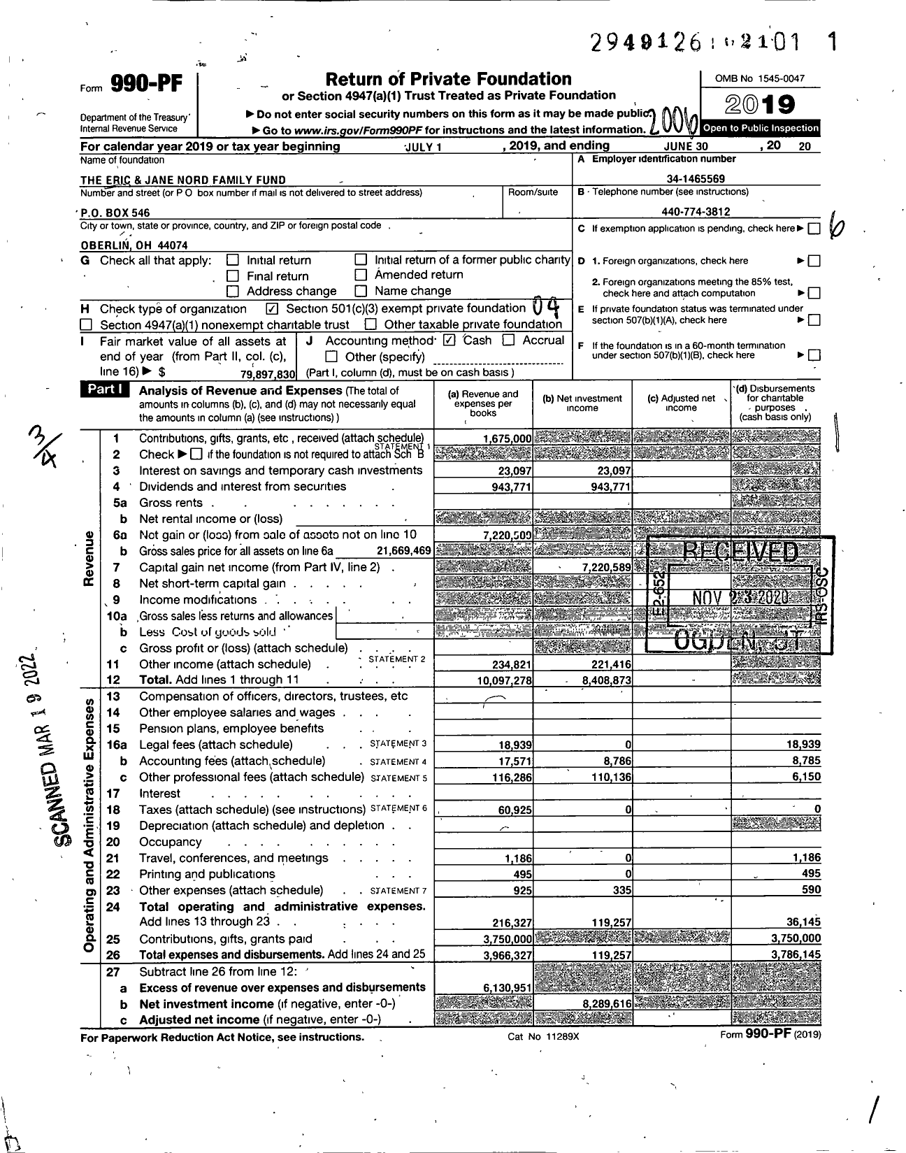 Image of first page of 2019 Form 990PF for The Eric and Jane Nord Foundation 4269-00-43