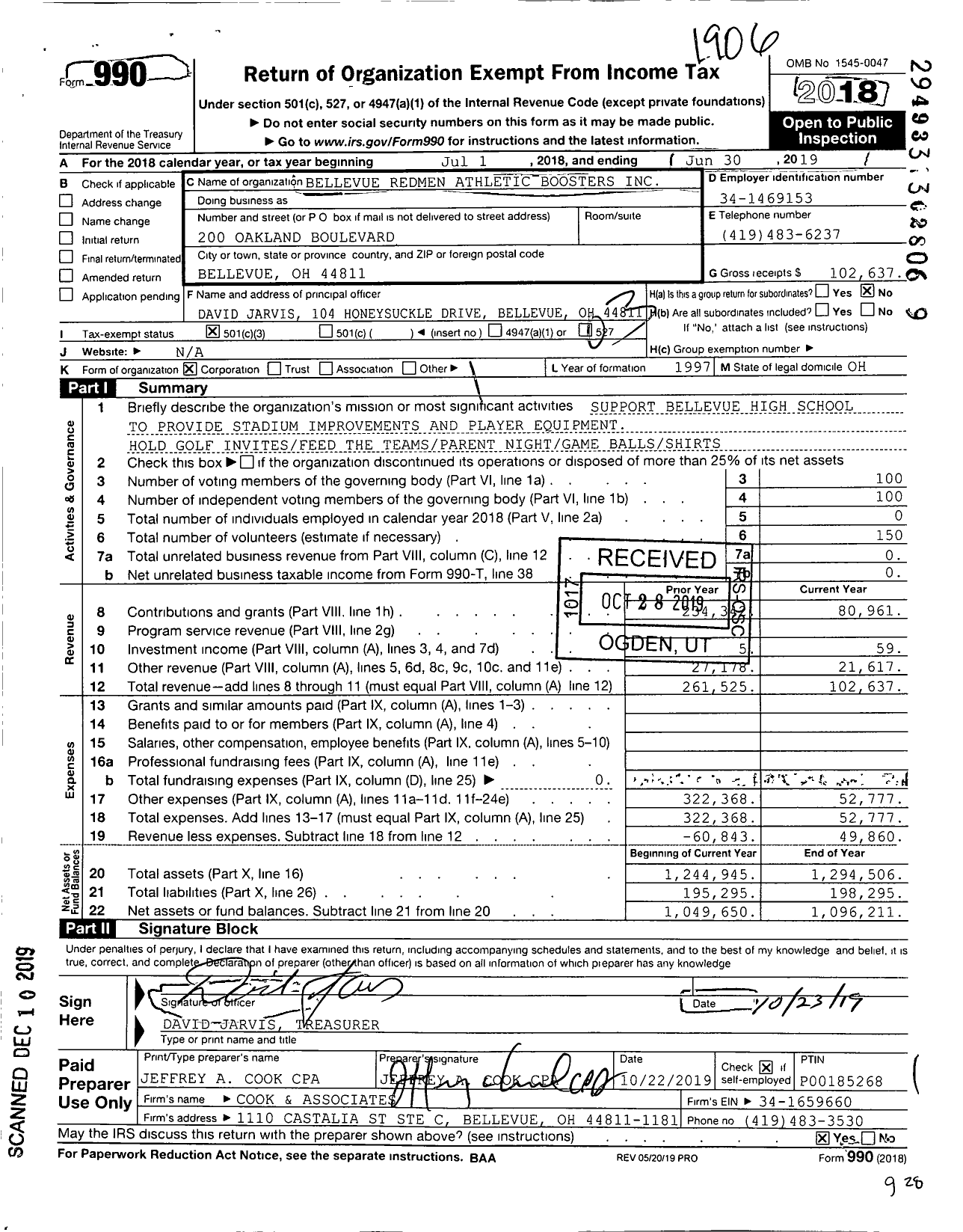 Image of first page of 2018 Form 990 for Bellevue Redmen Athletic Boosters