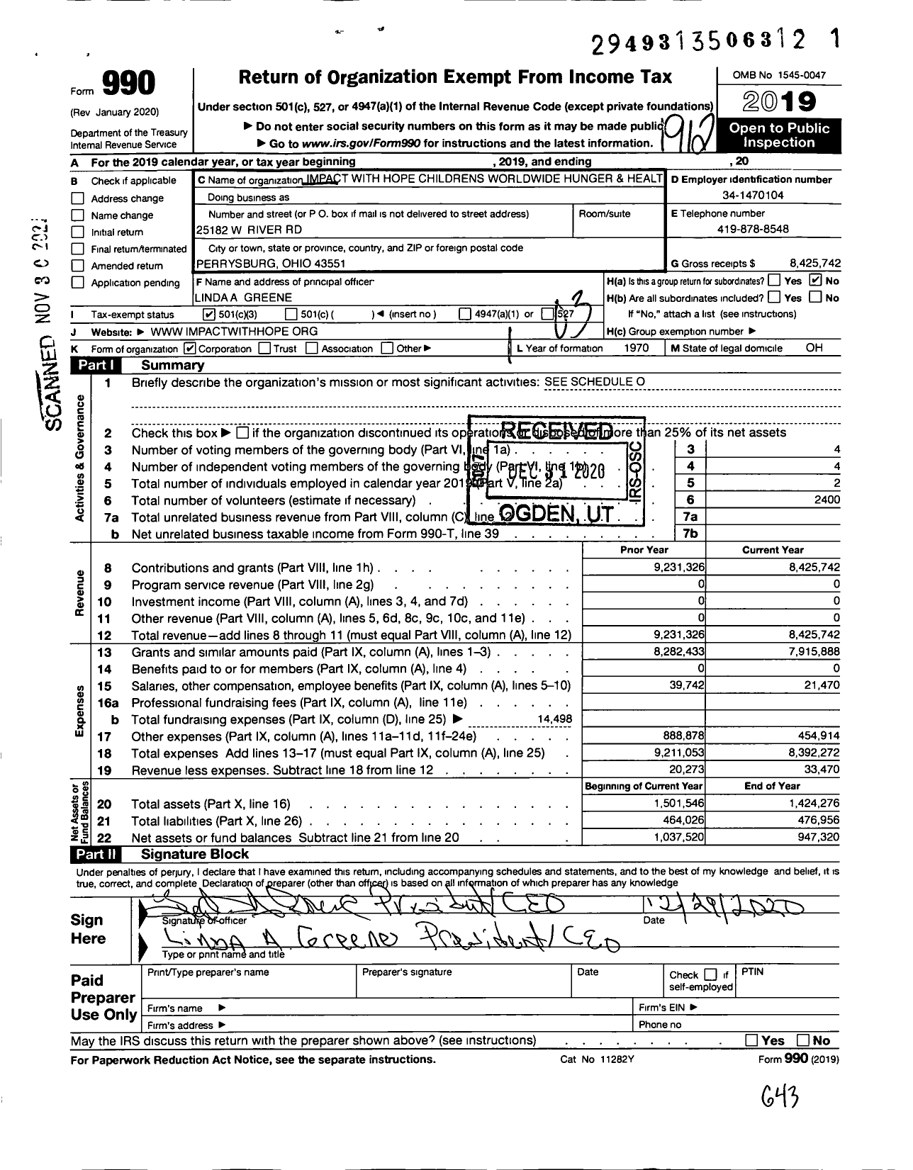 Image of first page of 2019 Form 990 for Impact with Hope Childrens Worldwide Hunger and Health Relief (ISOH IMPACT)