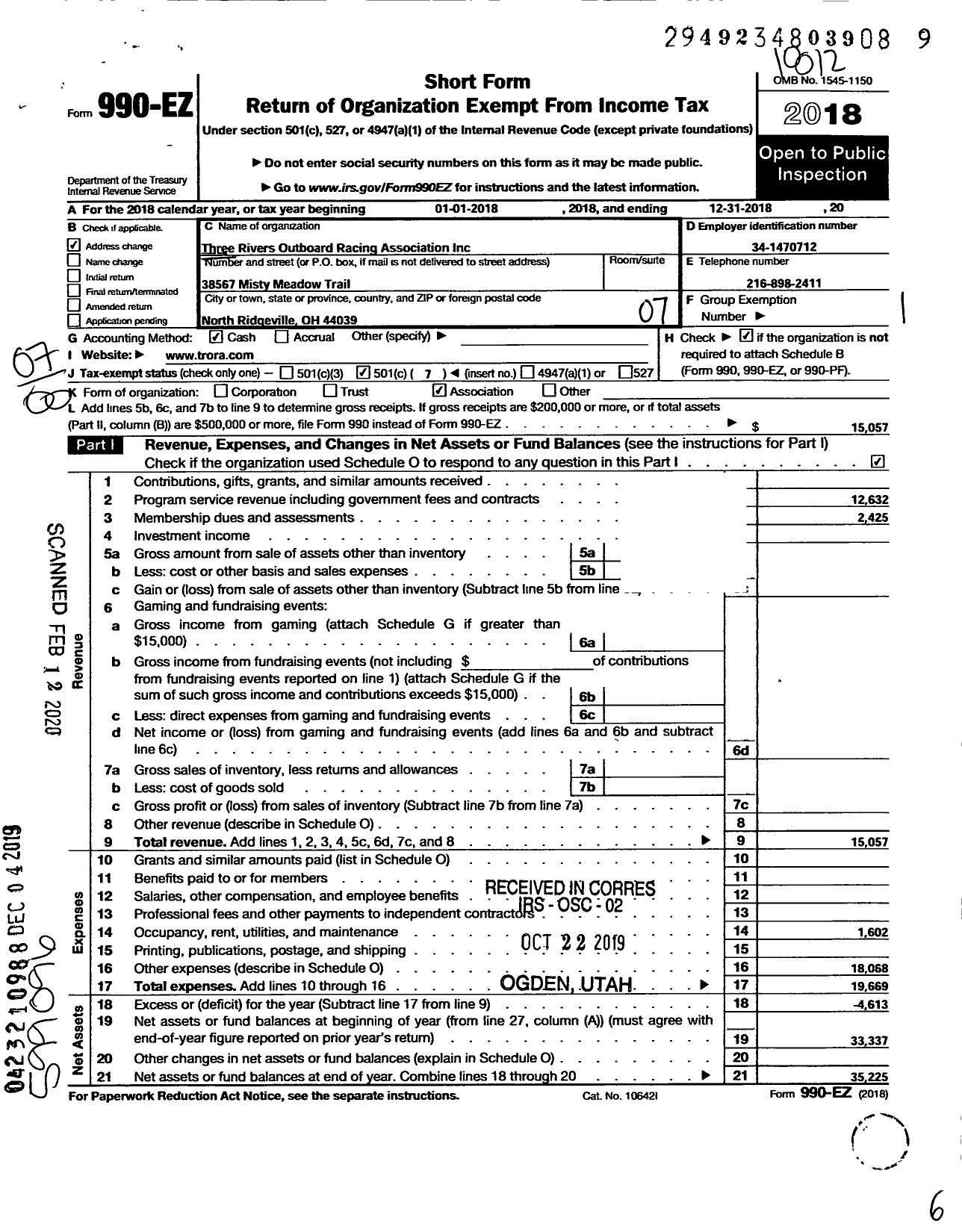 Image of first page of 2018 Form 990EO for Three Rivers Outboard Racing Association