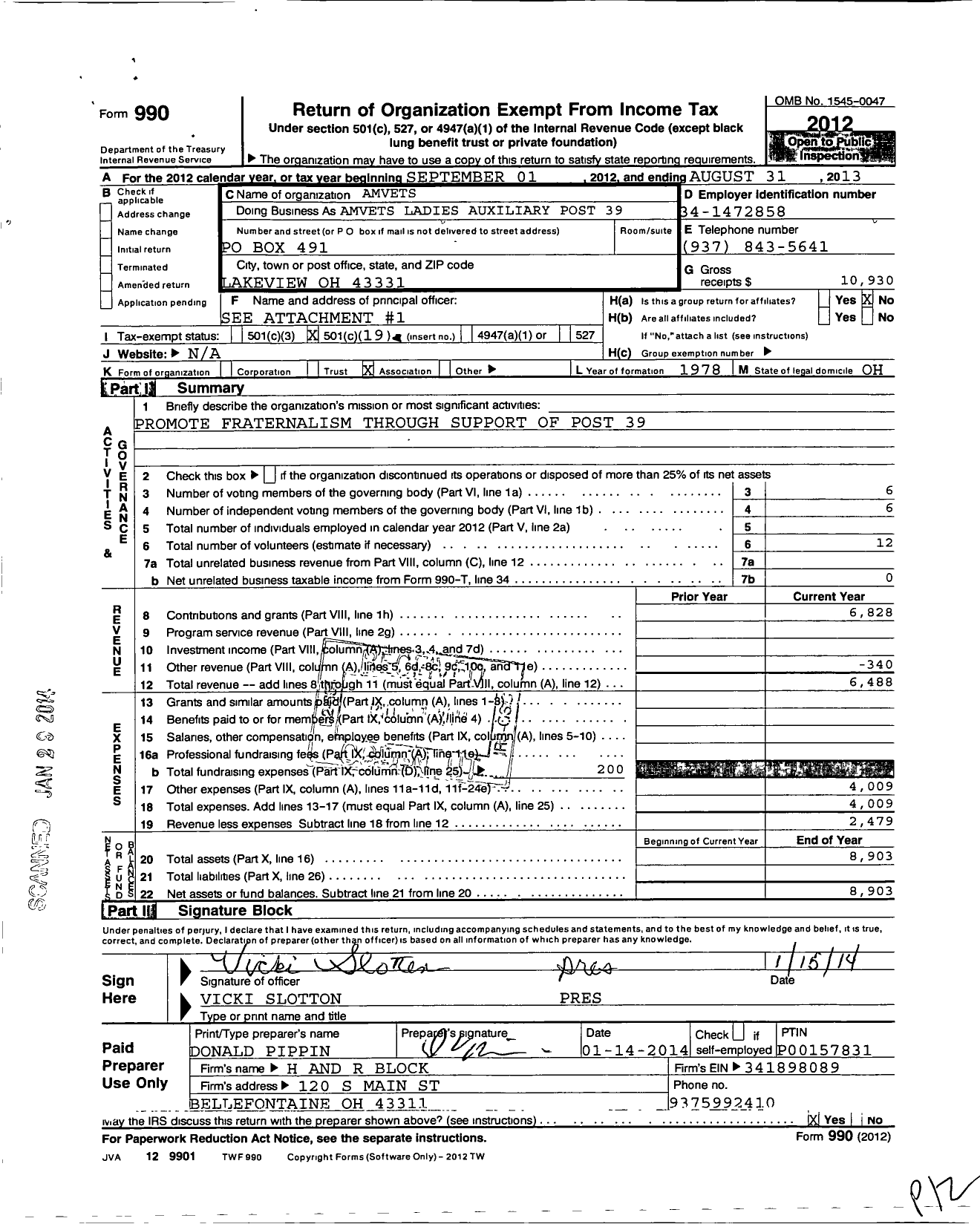 Image of first page of 2012 Form 990O for Amvets / 39 Auxiliary