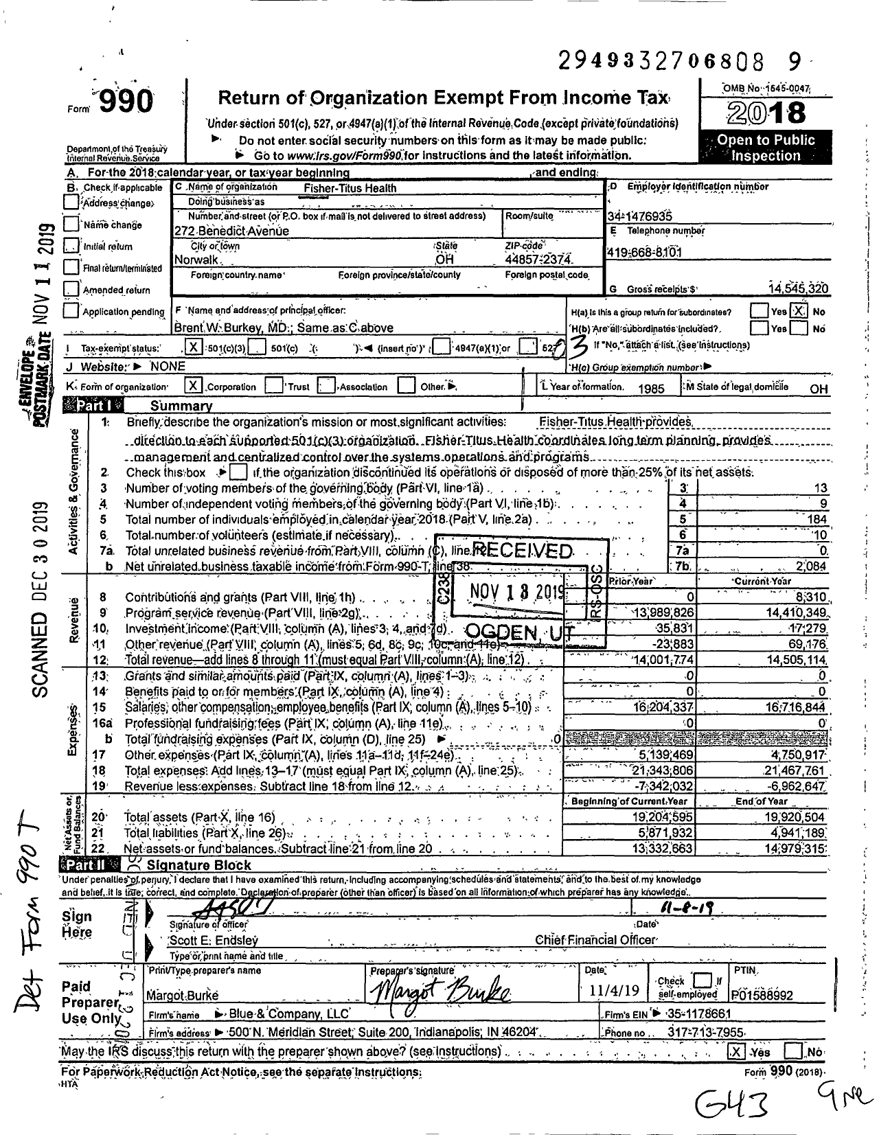 Image of first page of 2018 Form 990 for Fisher-Titus Health