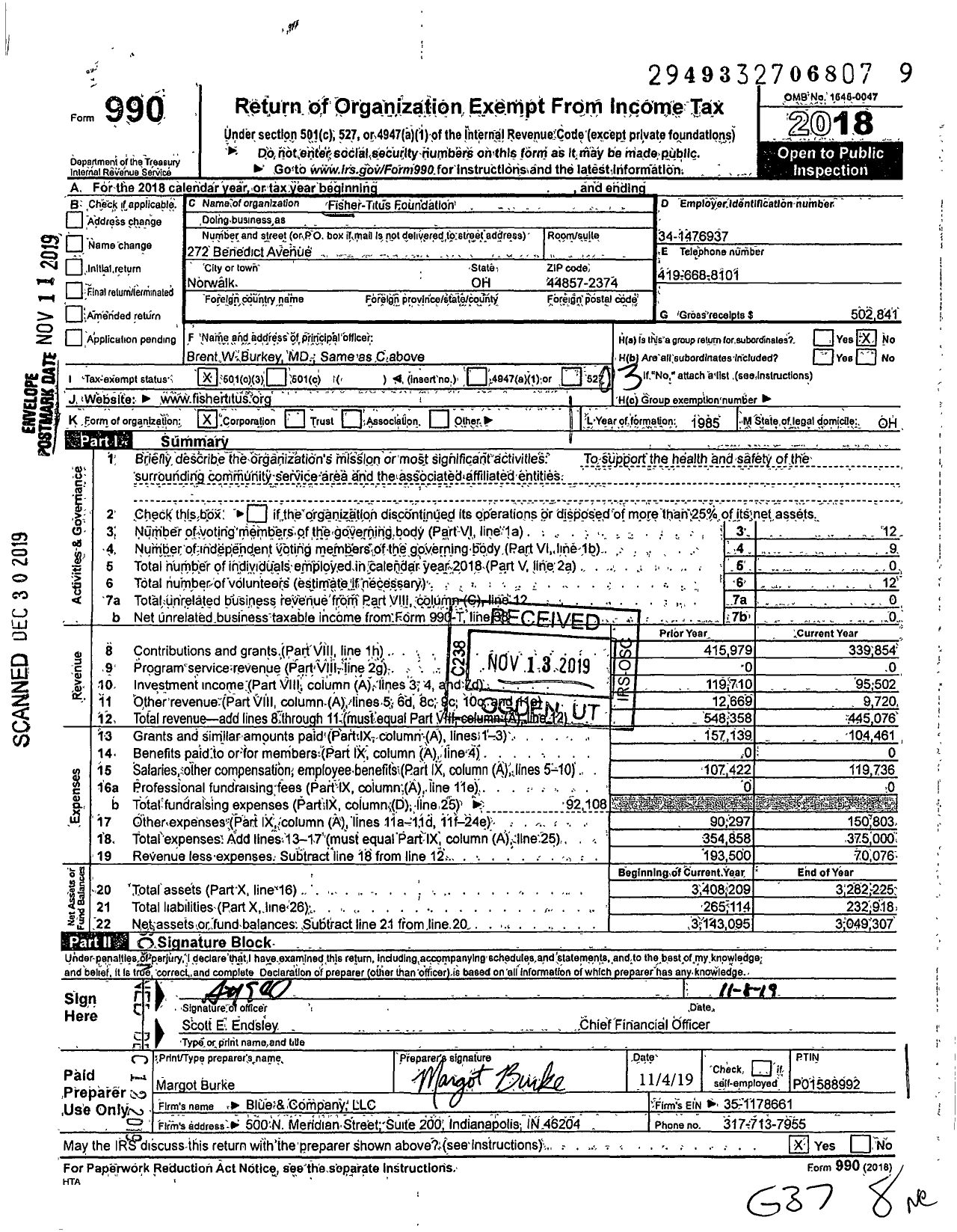 Image of first page of 2018 Form 990 for Fisher-Titus Foundation