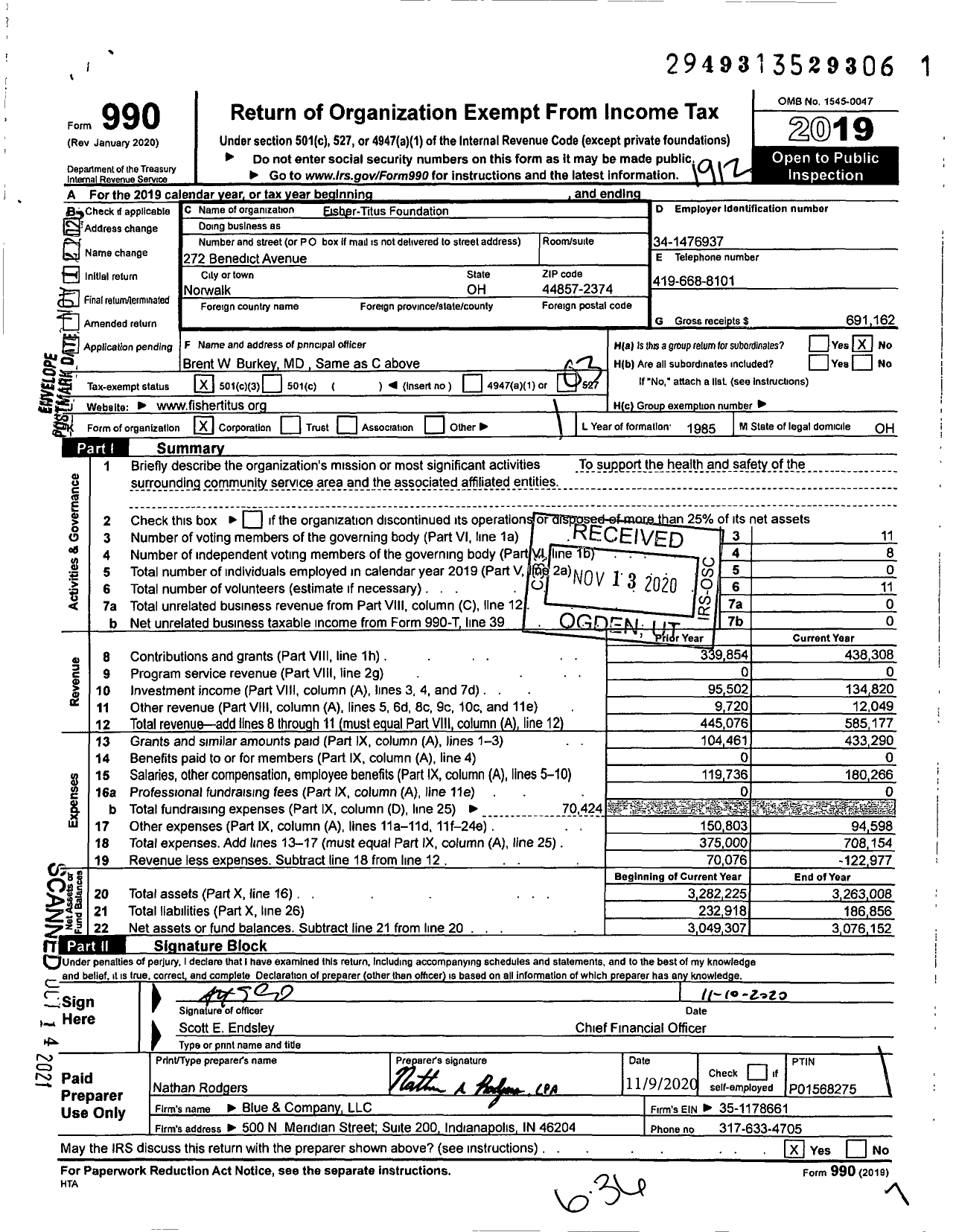 Image of first page of 2019 Form 990 for Fisher-Titus Foundation