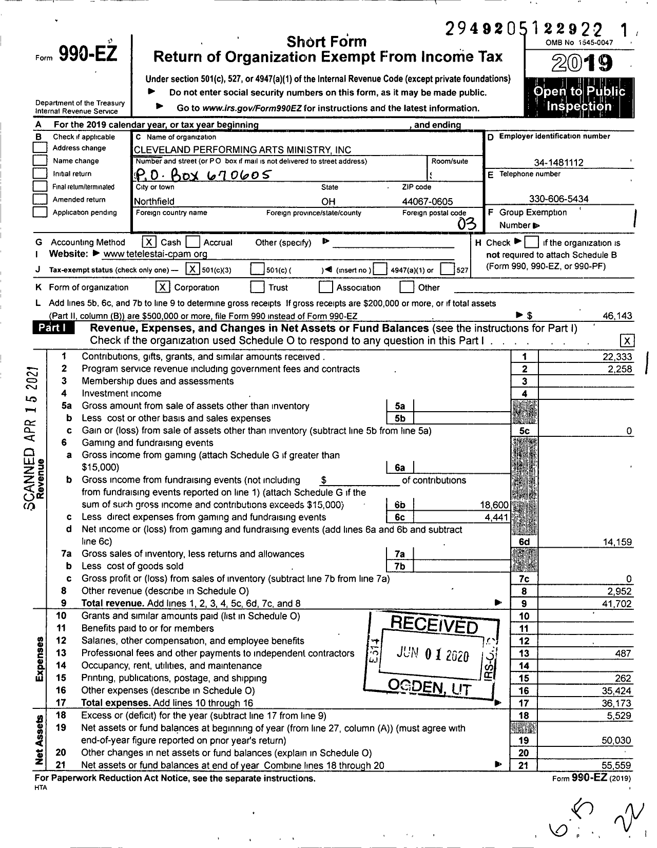 Image of first page of 2019 Form 990EZ for Cleveland Performing Arts Ministry