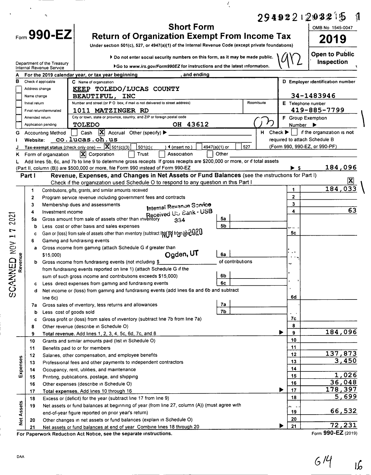 Image of first page of 2019 Form 990EZ for Keep Toledolucas County Beautiful