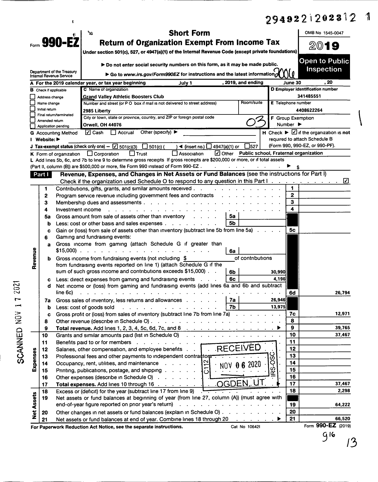 Image of first page of 2019 Form 990EZ for Grand Valley Athletic Boosters Club