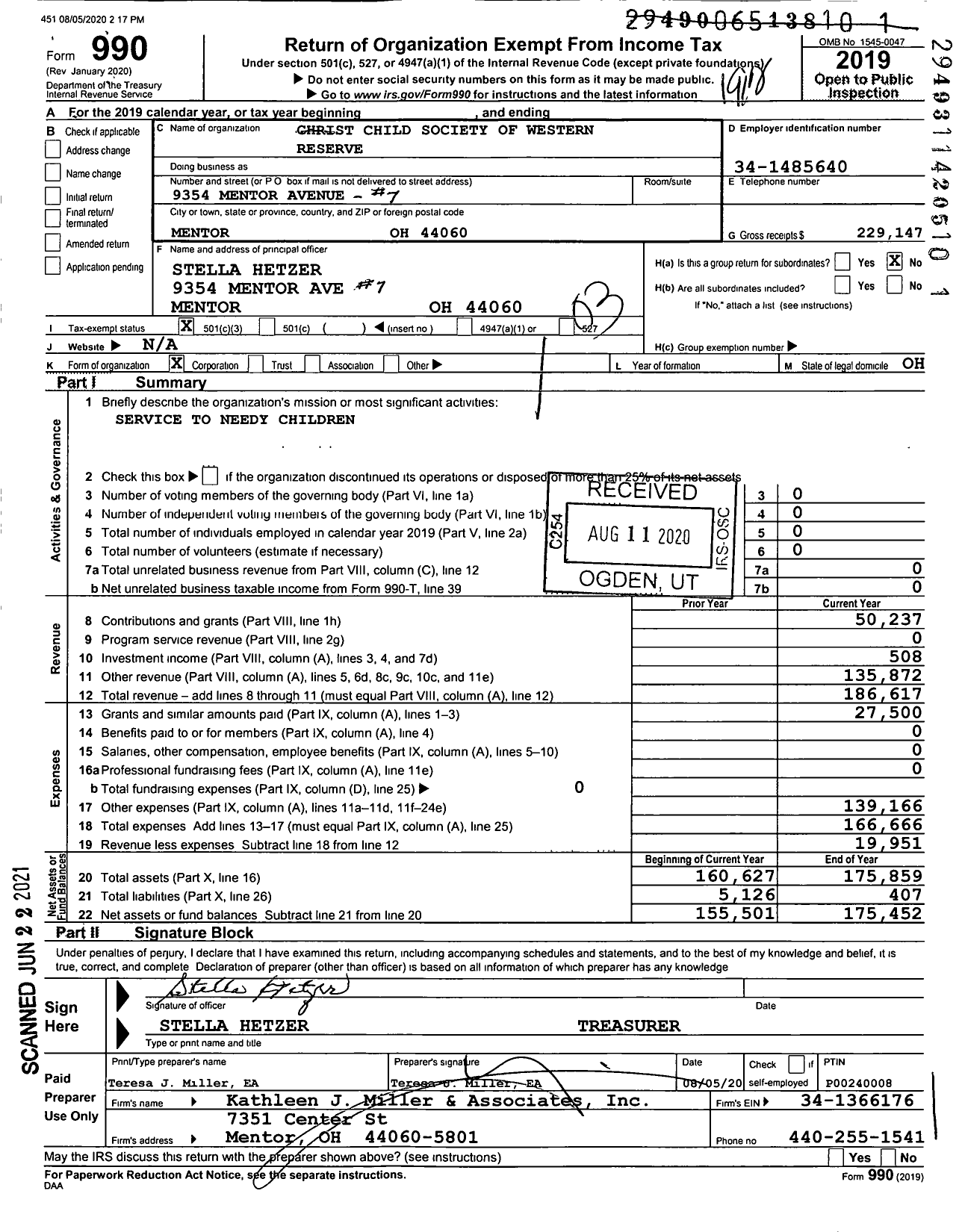 Image of first page of 2019 Form 990 for Christ Child Society of the Western Reserve