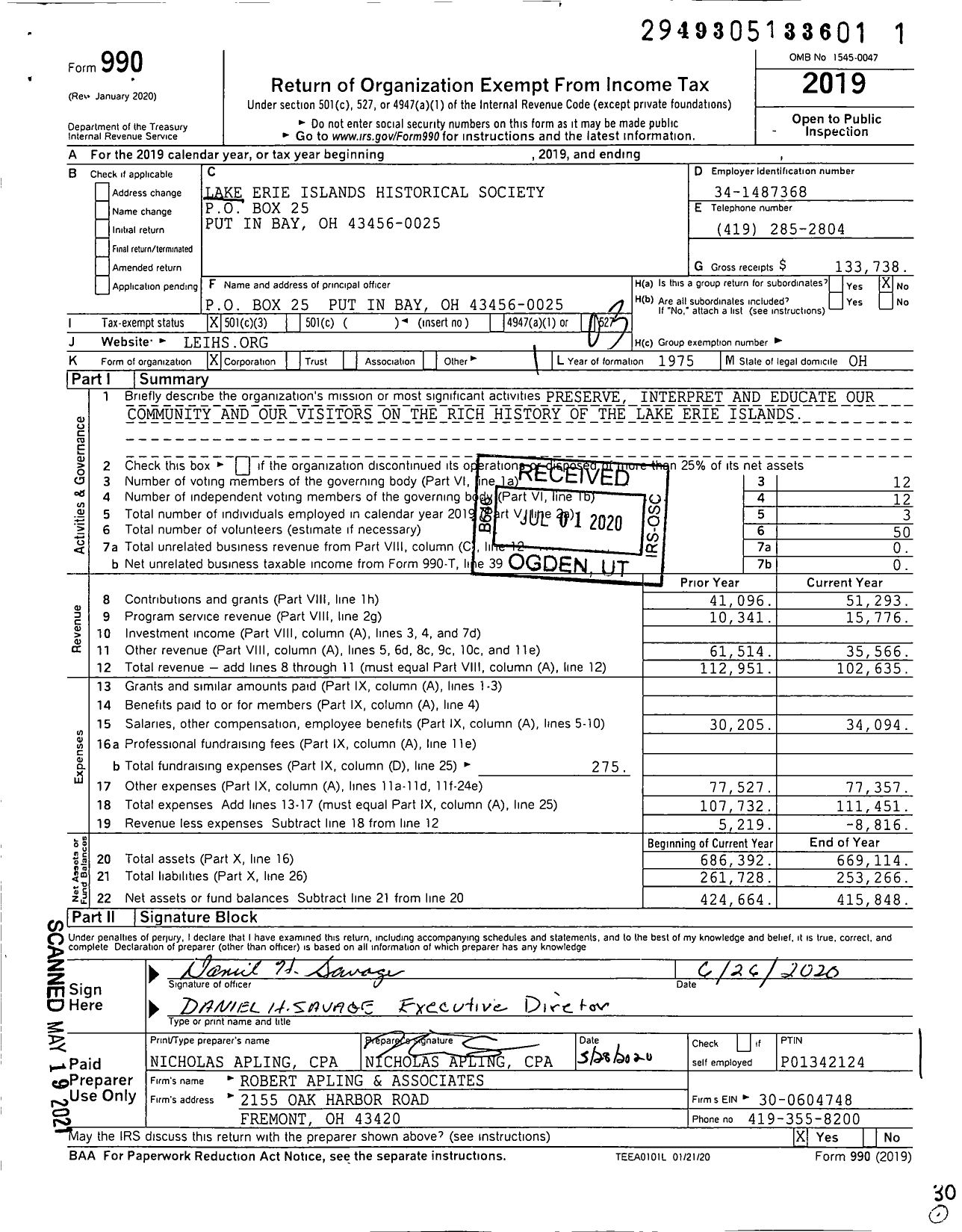 Image of first page of 2019 Form 990 for Lake Erie Islands Historical Society