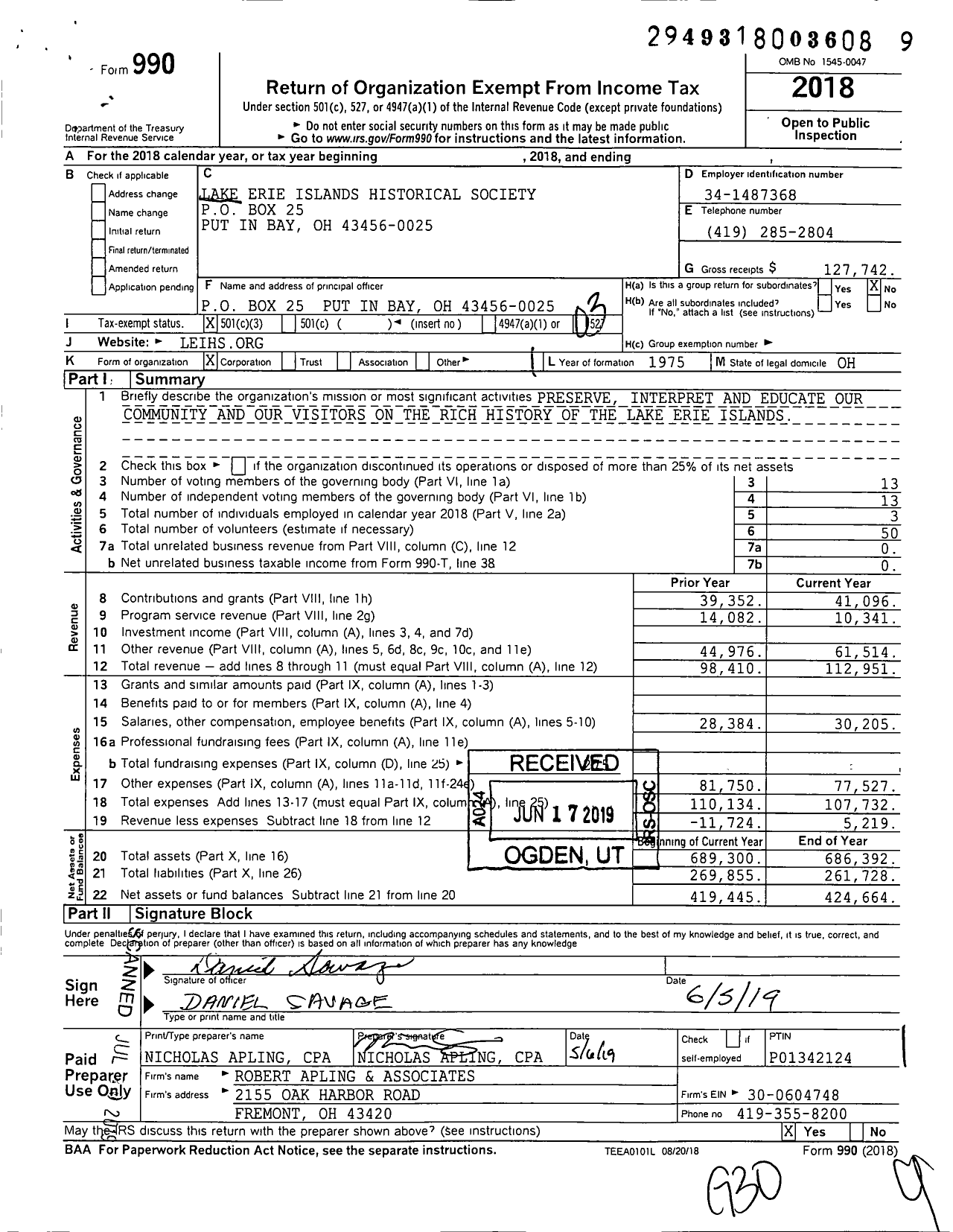 Image of first page of 2018 Form 990 for Lake Erie Islands Historical Society