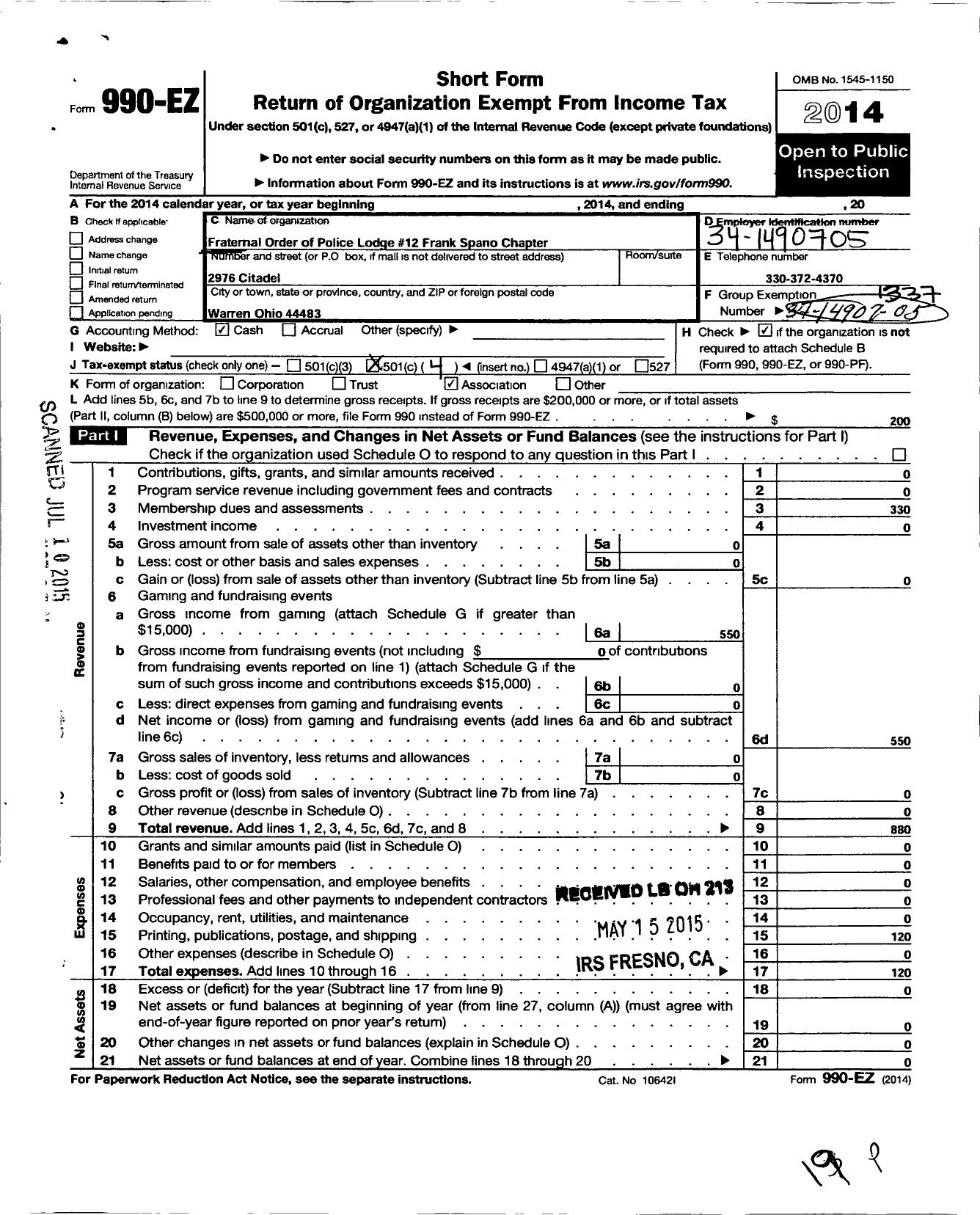 Image of first page of 2014 Form 990EO for Fraternal Order of Police Associates of Ohio