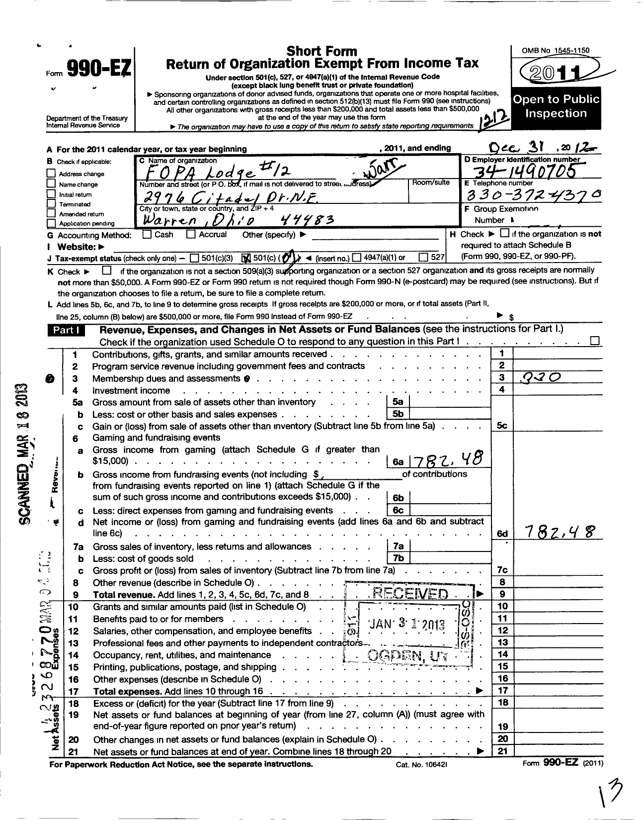 Image of first page of 2012 Form 990EO for Fraternal Order of Police Associates of Ohio