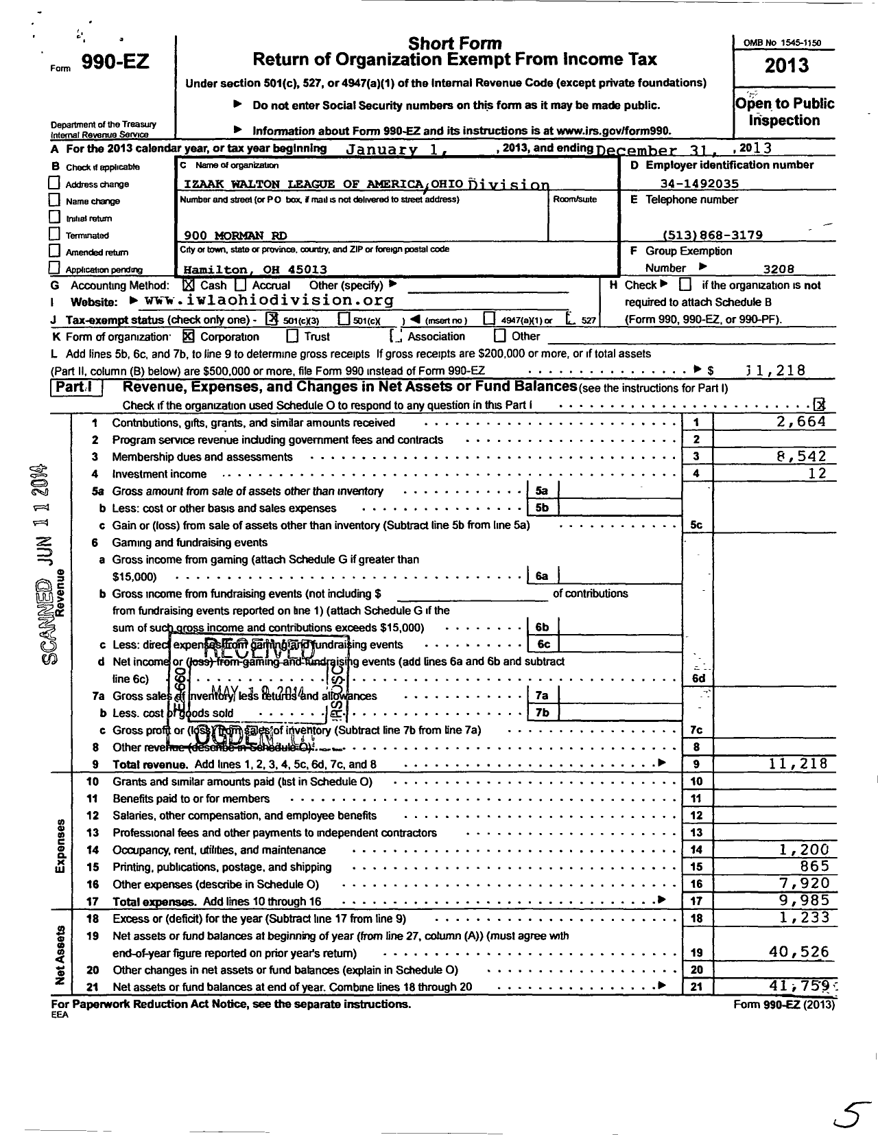 Image of first page of 2013 Form 990EZ for Izaak Walton League of America - Ohio Division