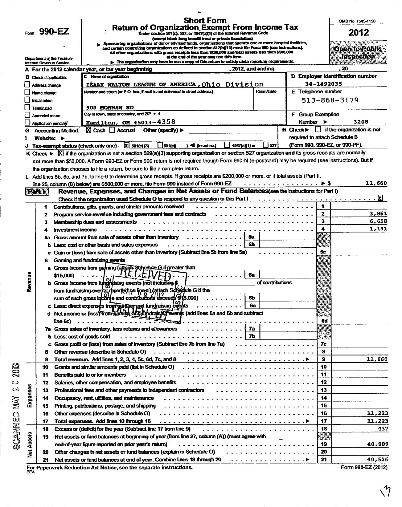 Image of first page of 2012 Form 990EZ for Izaak Walton League of America - Ohio Division