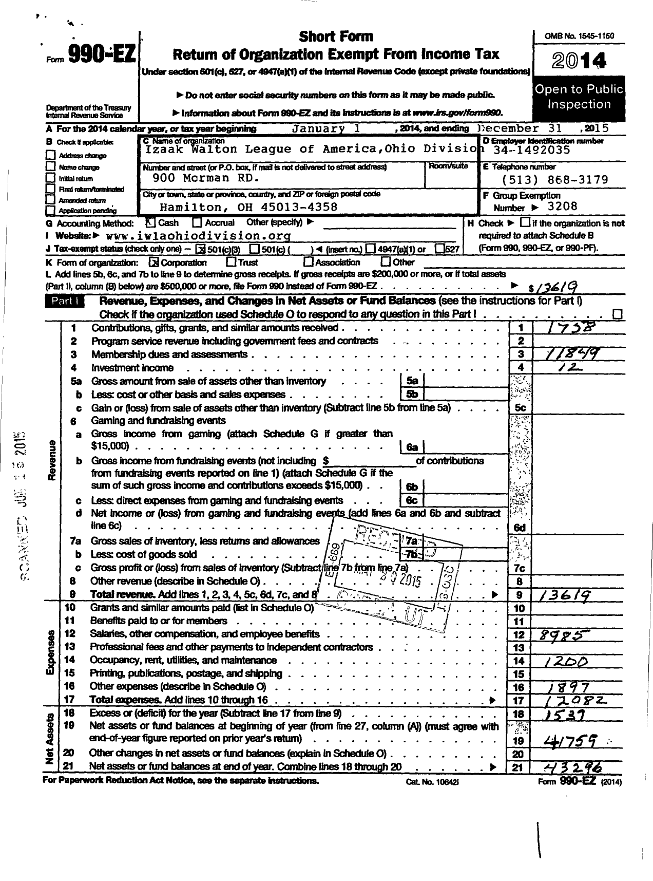 Image of first page of 2015 Form 990EZ for Izaak Walton League of America - Ohio Division