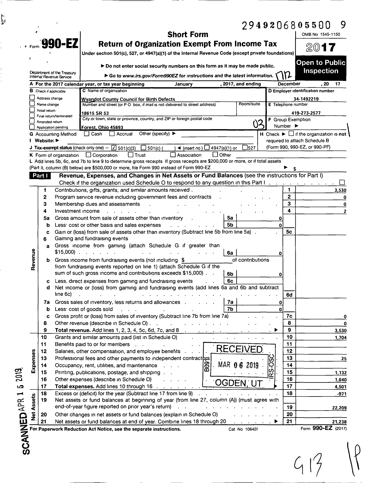 Image of first page of 2017 Form 990EZ for Wyandot County Coucil for Birth Defects