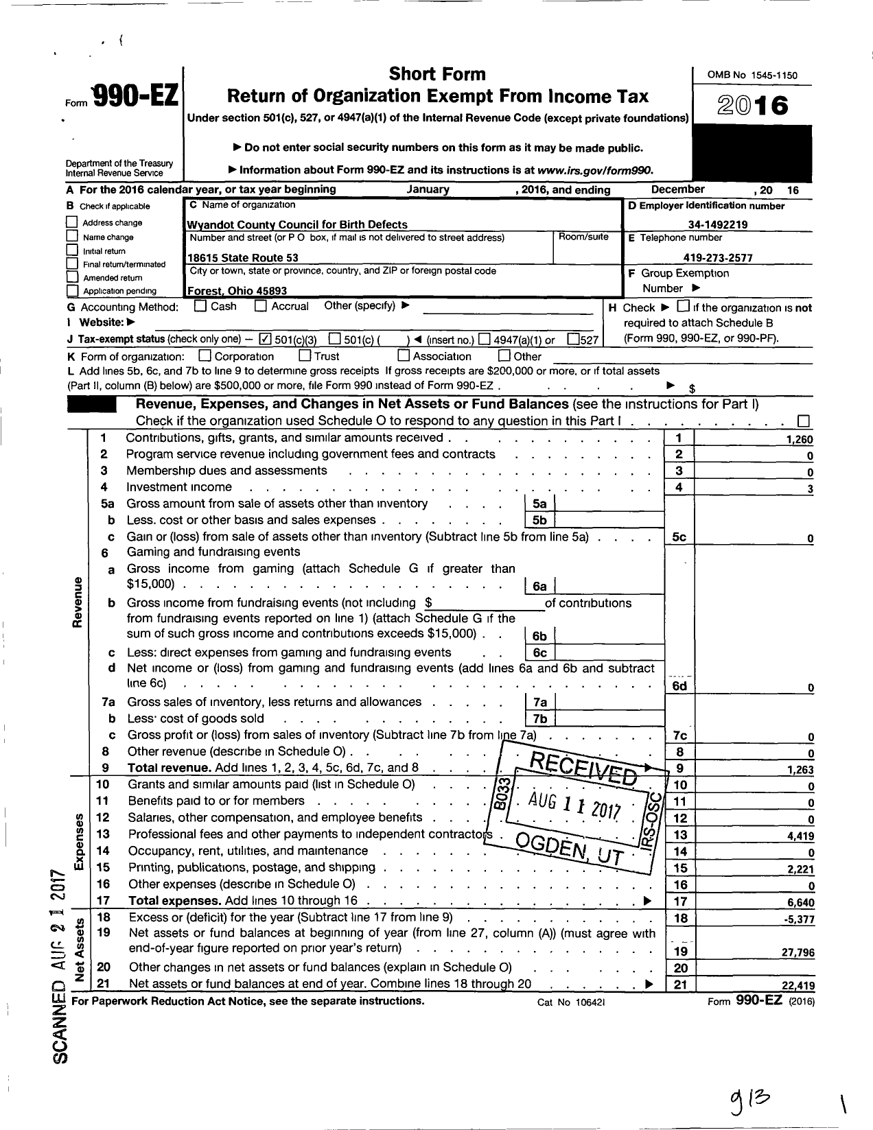 Image of first page of 2016 Form 990EZ for Wyandot County Coucil for Birth Defects