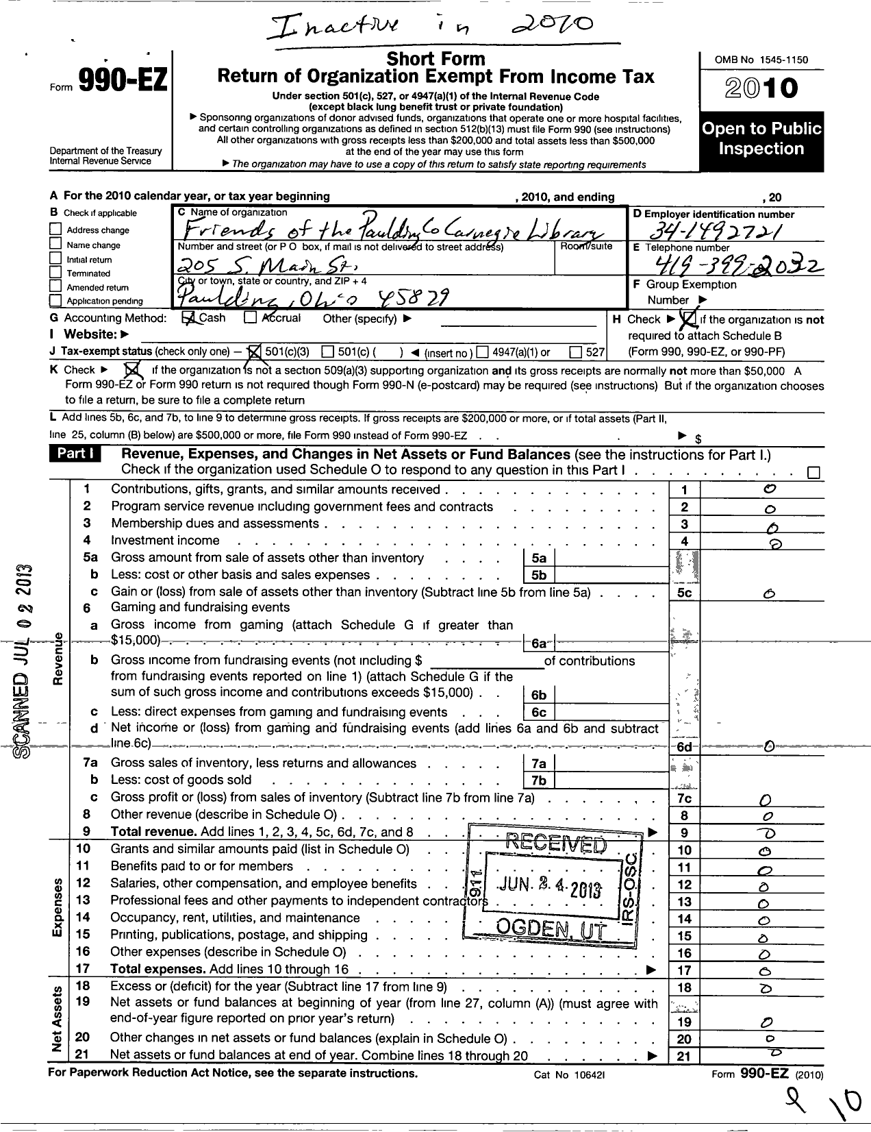 Image of first page of 2010 Form 990EZ for Friends of the Paulding County Carnegie Library