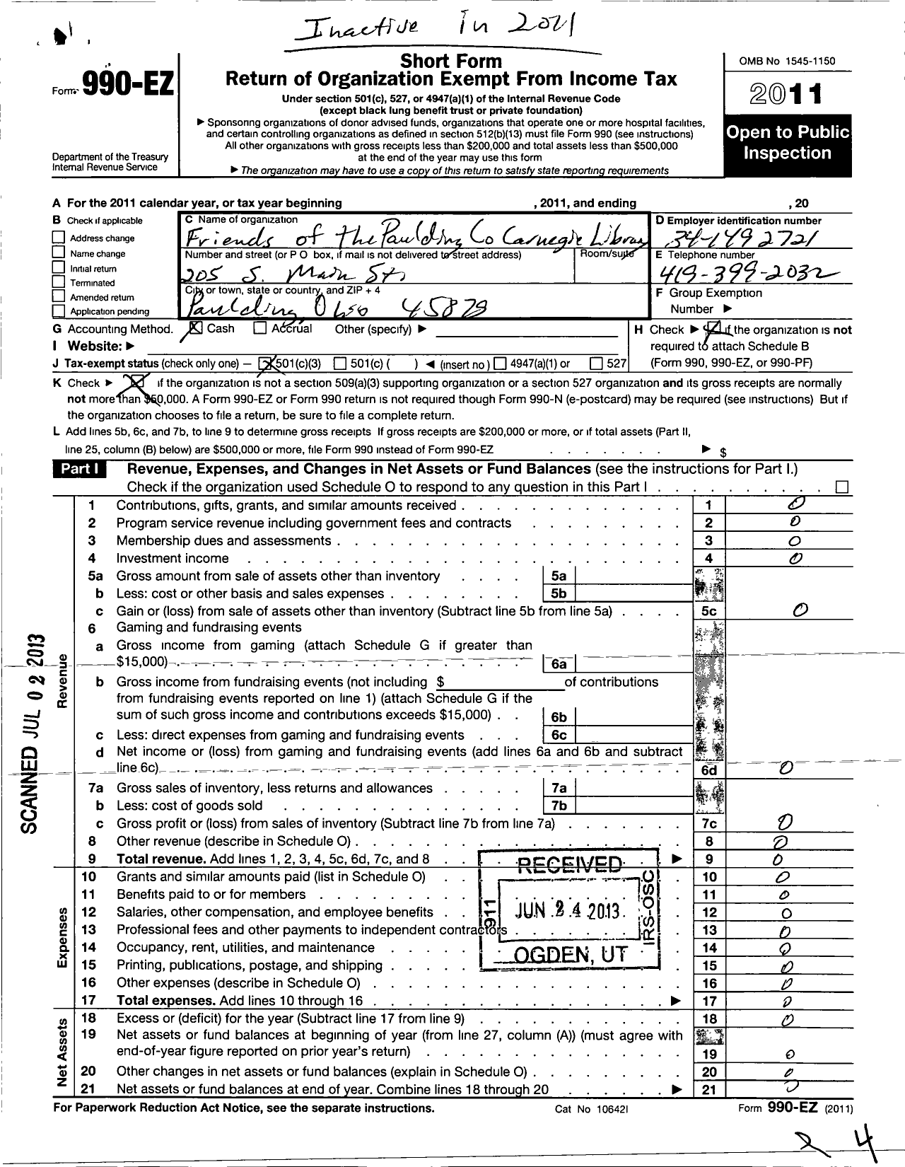 Image of first page of 2011 Form 990EZ for Friends of the Paulding County Carnegie Library