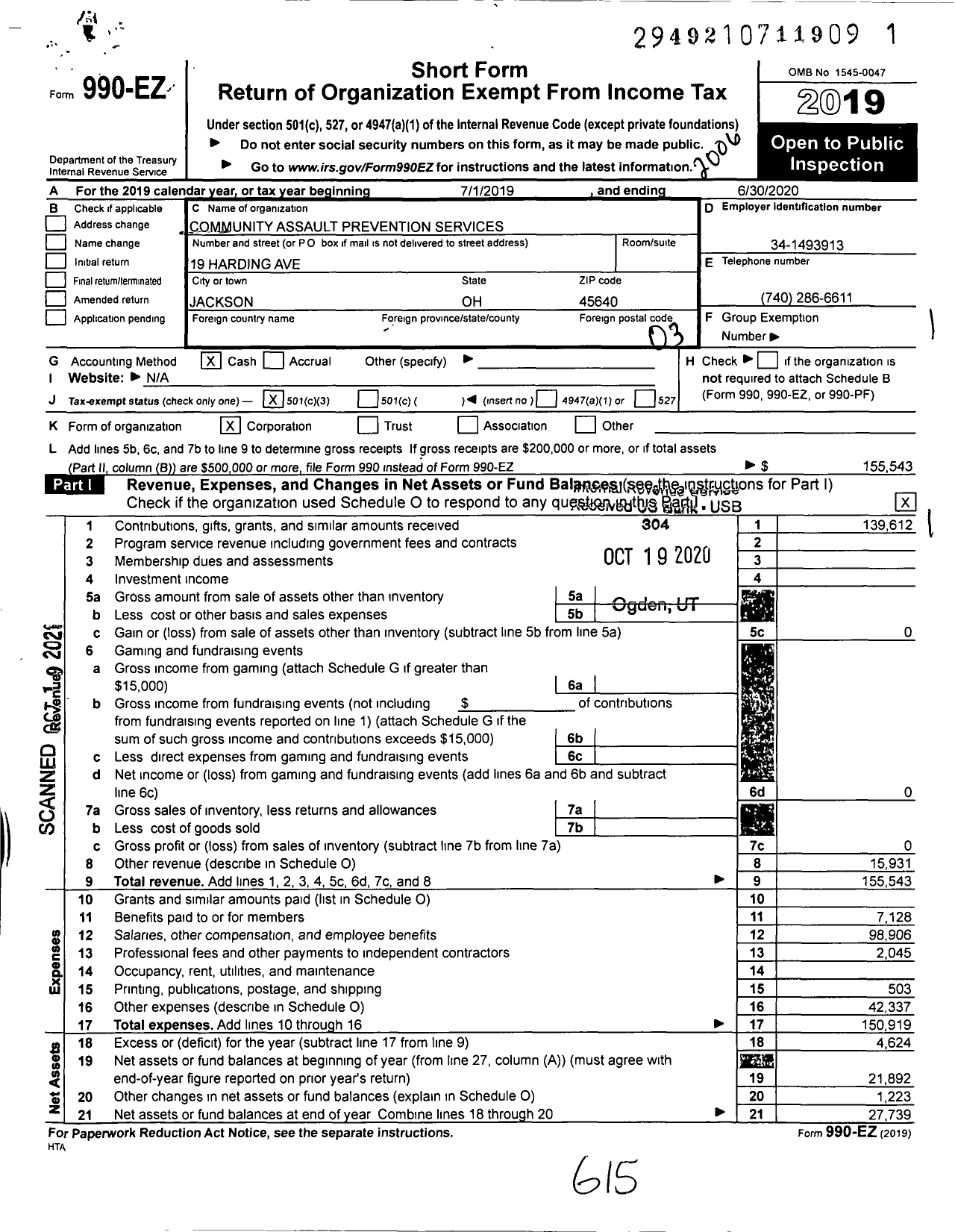 Image of first page of 2019 Form 990EZ for Community Assault Prevention Services