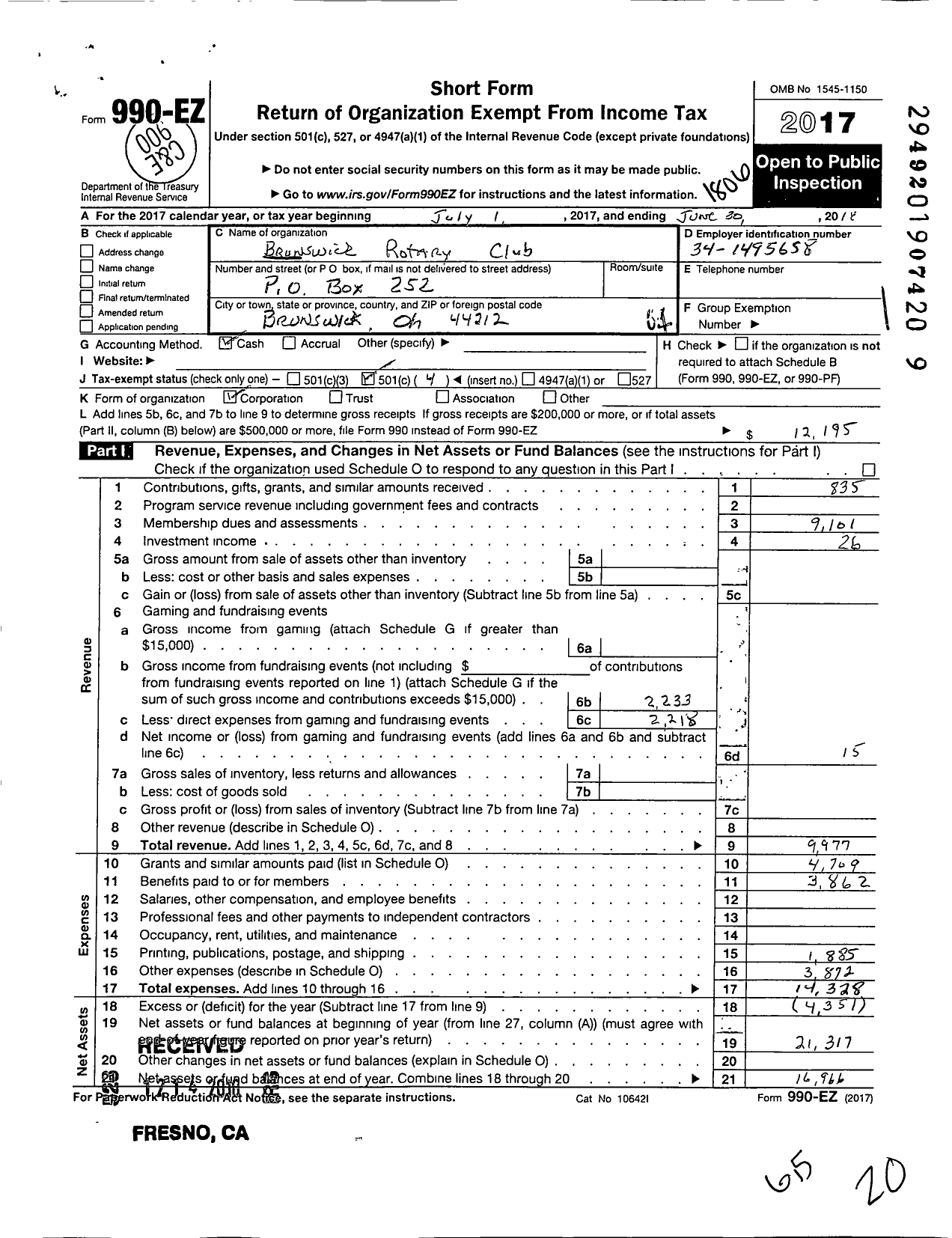 Image of first page of 2017 Form 990EO for Rotary International - Brunswick Rotary Club