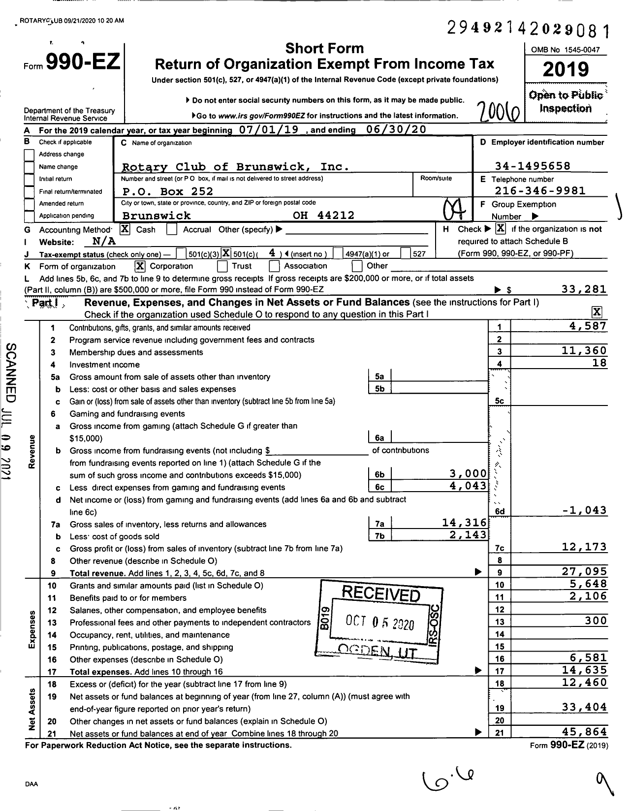 Image of first page of 2019 Form 990EO for Rotary International - Brunswick Rotary Club