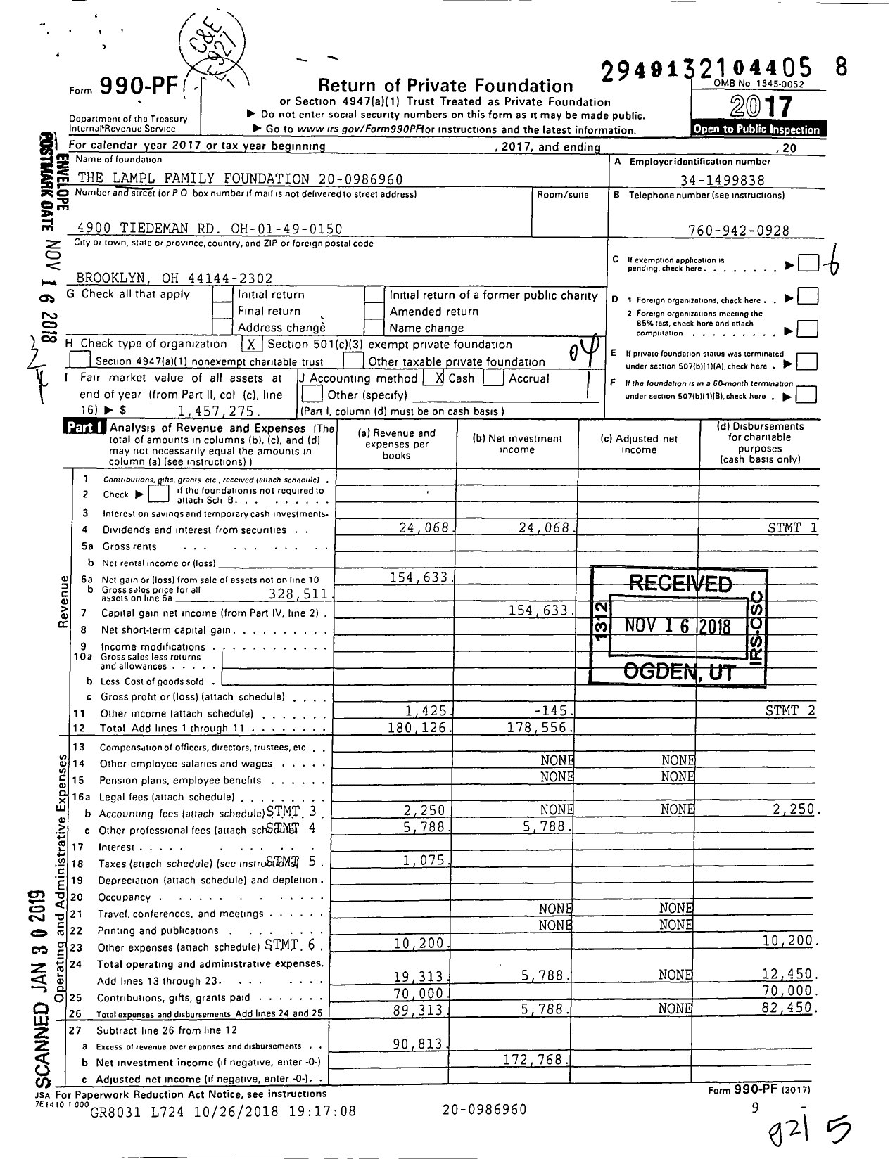 Image of first page of 2017 Form 990PF for The Lampl Family Foundation