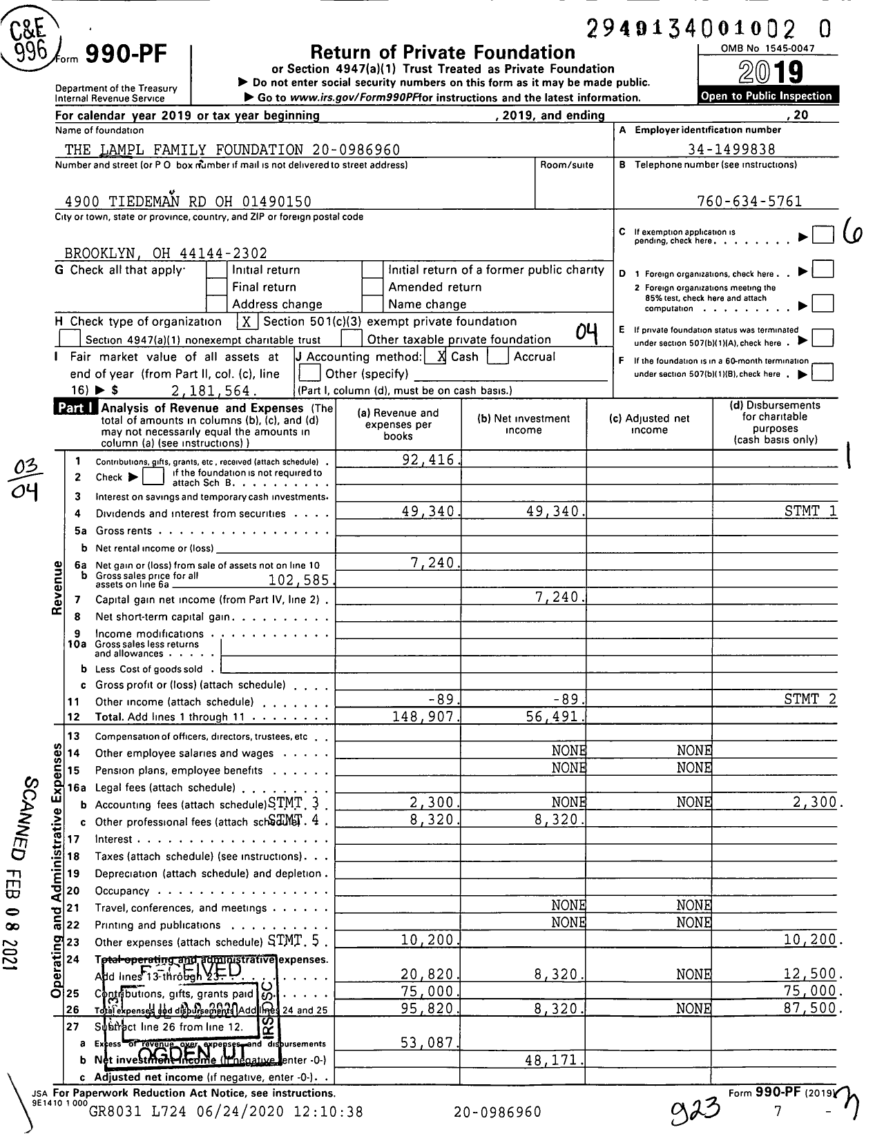 Image of first page of 2019 Form 990PF for The Lampl Family Foundation