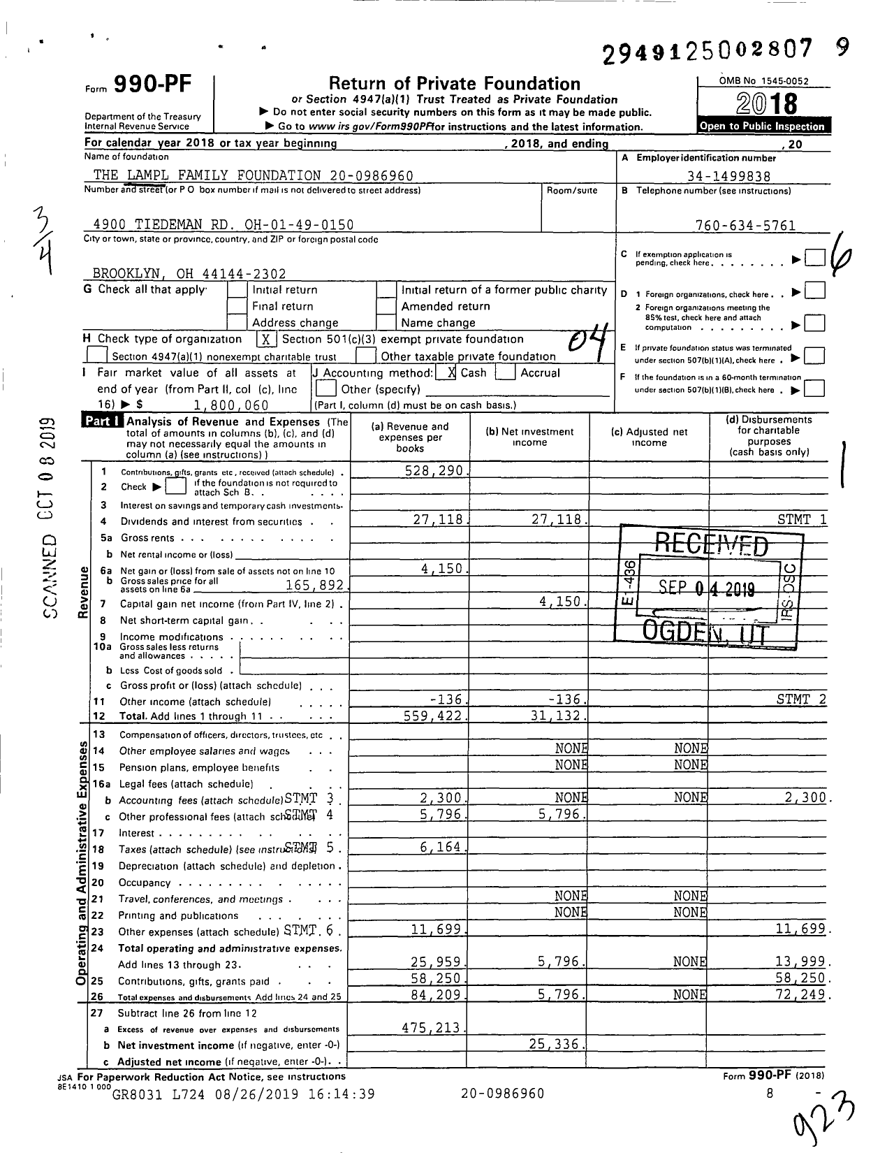 Image of first page of 2018 Form 990PF for The Lampl Family Foundation