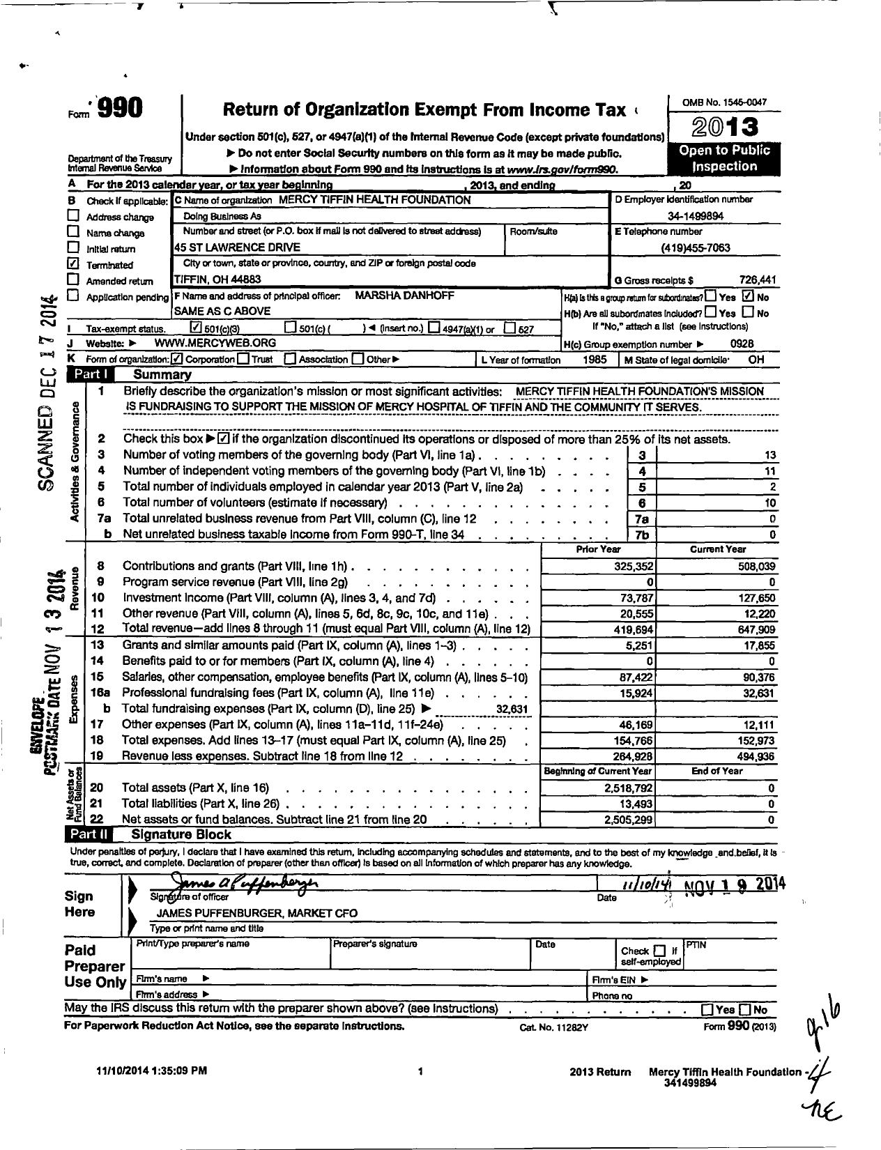 Image of first page of 2013 Form 990 for Mercy Tiffin Health Foundation