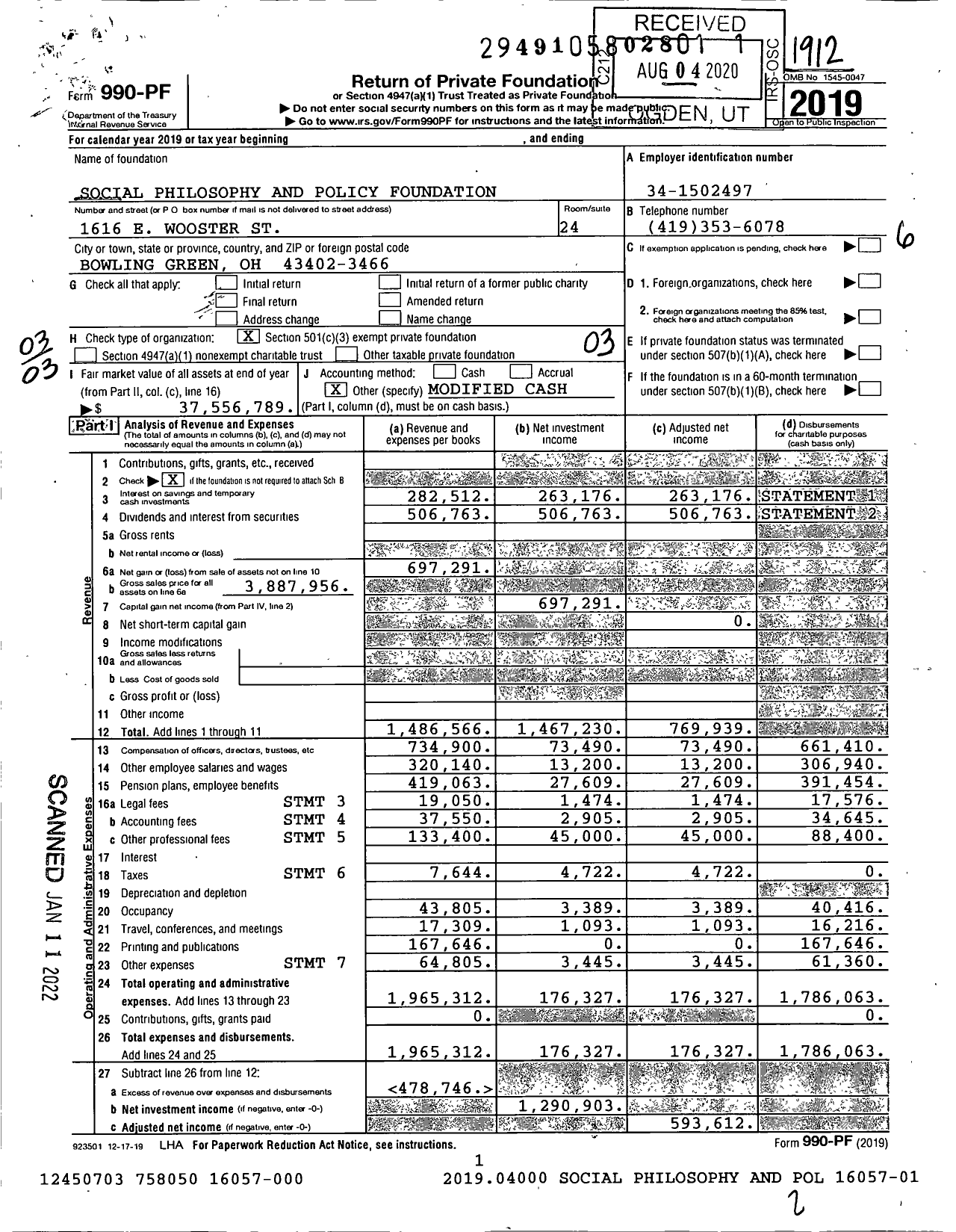 Image of first page of 2019 Form 990PF for Social Philosophy and Policy Foundation